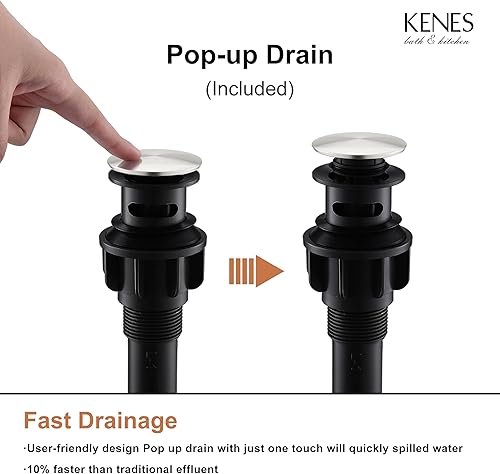 Miniatura 8 de KENES Grifo de lavabo de baño de una sola manija, grifo de tocador de níquel cepillado para fregadero de baño, con tapón de drenaje desplegable y