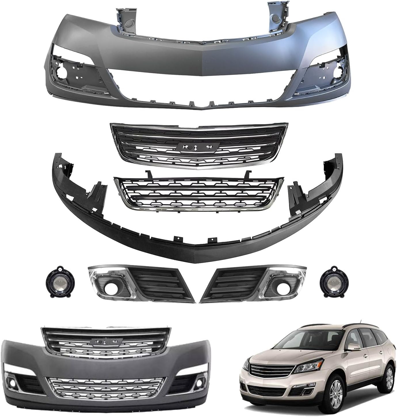 Front Bumper Cover Complete Kit Compatible with 2013-2017 Tra-verse Grille Upper & Lower Replacement With Fog Lights #23328140 1014107C