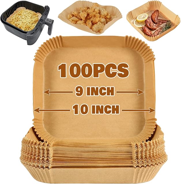 YQL 100pcs Air Fryer Liners Square, 9 inch Large Air Fryer Liners Disposable Non Stick Air Fryer Sheets for Air Fryer Basket Compatible with Cosori, Ninja, Tower, Air Fryer and More