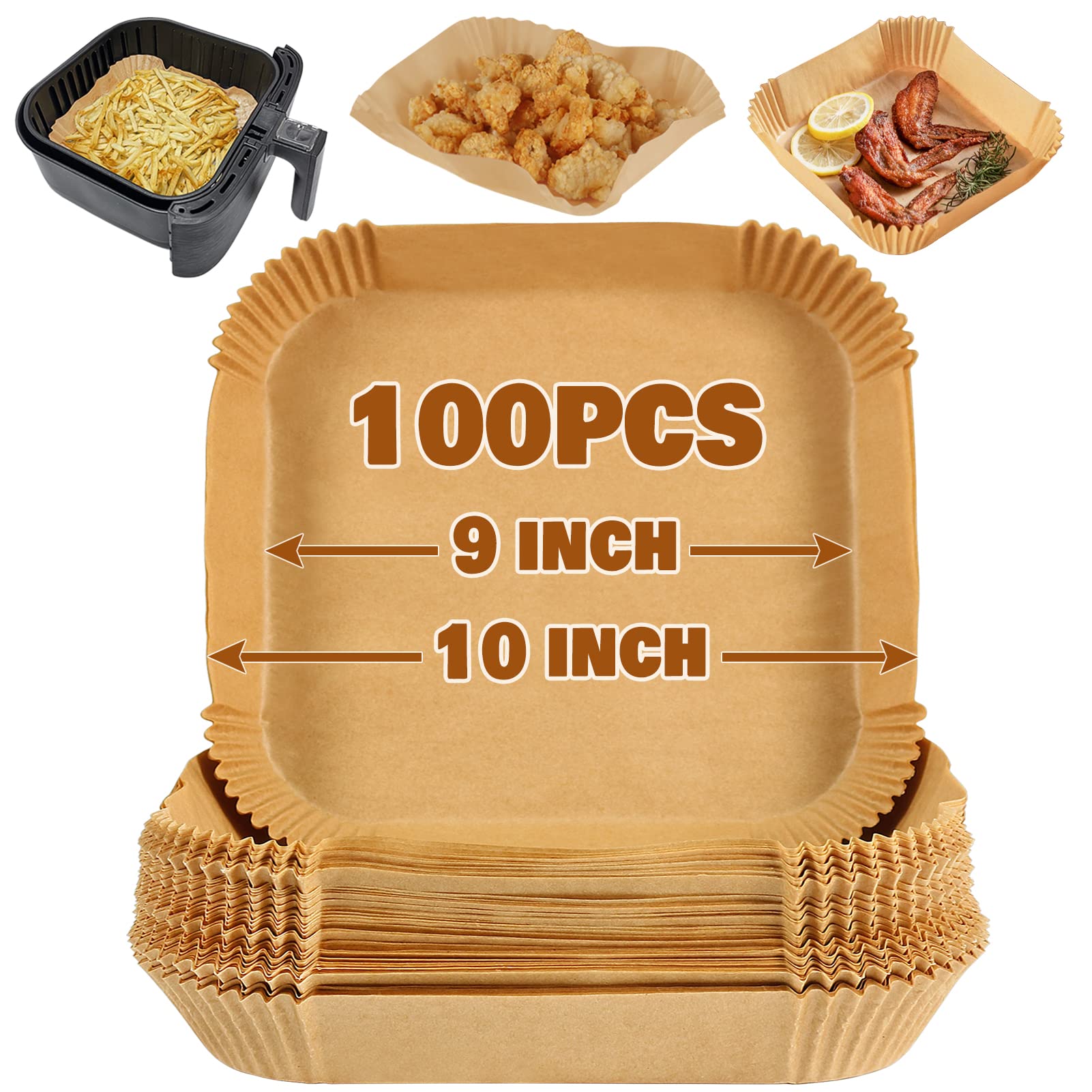 YQL 100pcs Large Air Fryer Liners Square, 9Inch Non Stick Disposable Parchment Paper for Airfryer 7L-10L, Air Fryer Accessories for Tefal Easy Fry Mega 7.5 L/Russell Hobbs XXL 8L/8.3L Airfryer & Oven