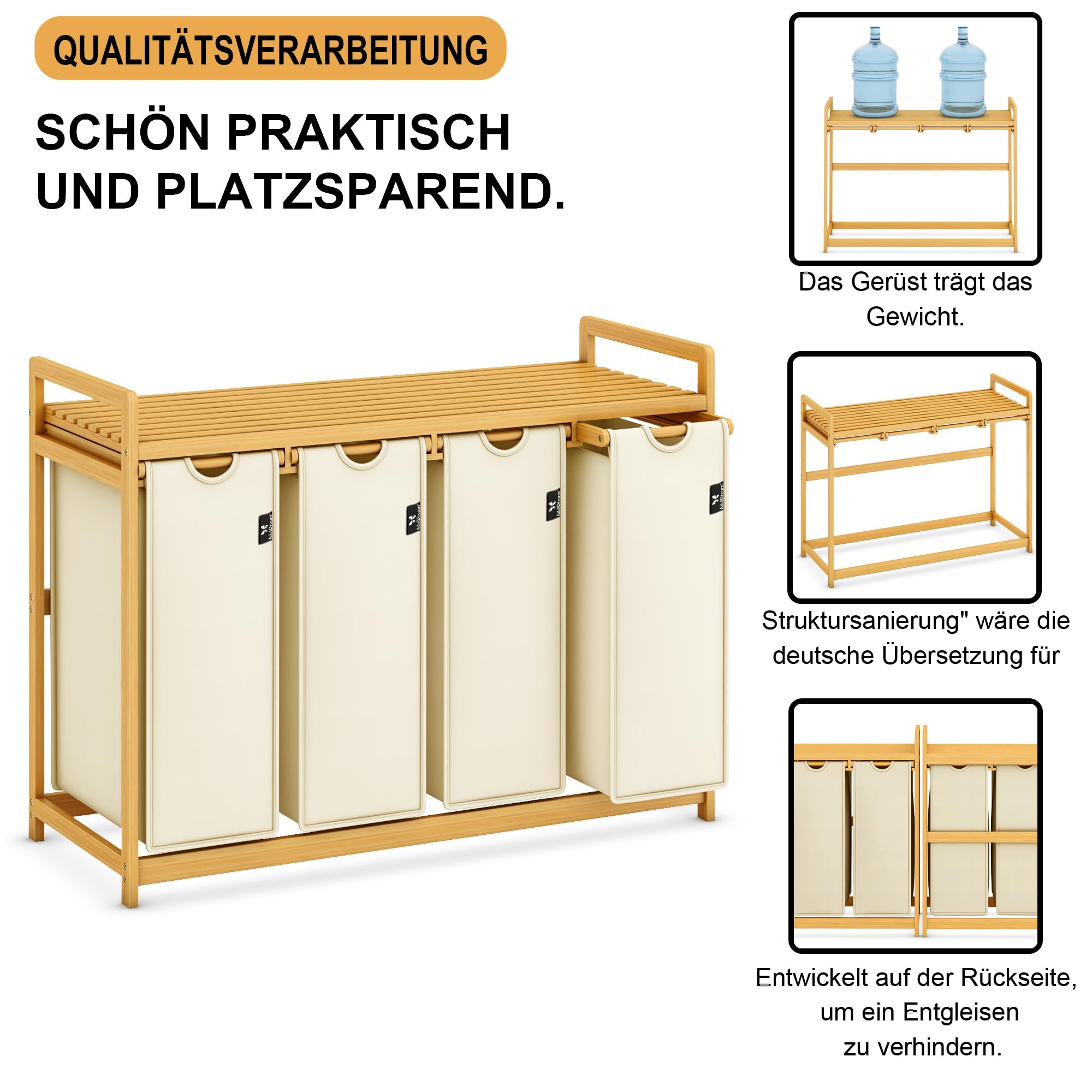 AdelDream Wäschekorb mit Bambusrahmen 150L 3 Fächer Und Wäschesammler 200L 4 Fächer Kombination Beige