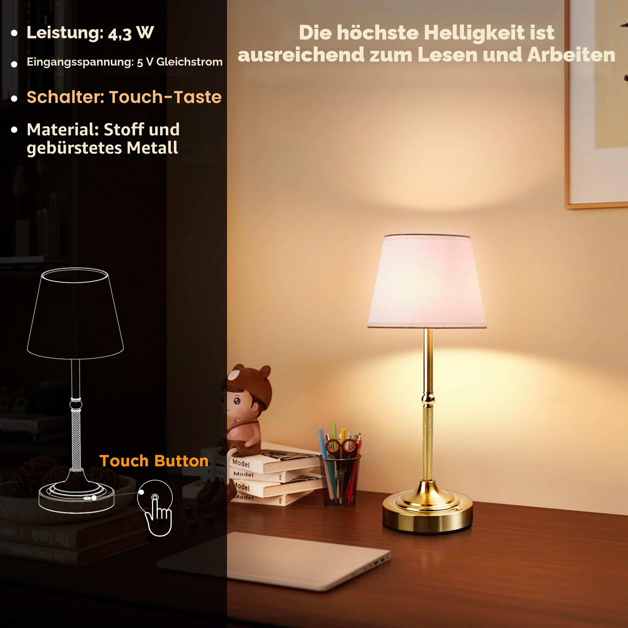 LUTEC Kabellose Tischlampe, batteriebetriebene Lampe, 3 Farben, stufenloses Dimmen, kleine Touch-Nachttischlampe, Heimdekoration für Esszimmer, Theke (2, Gold)