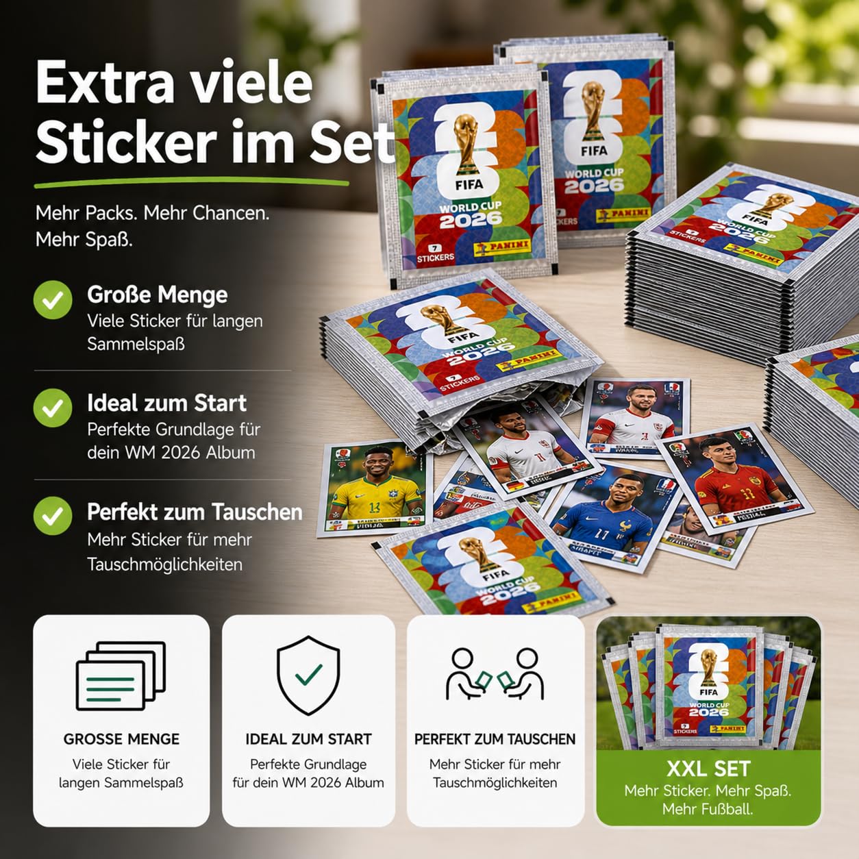 Panini WM 2026 Adhesivos y Plan de Partidos Set - para el Mundial de Fútbol 2026 - Tarjetas de fútbol para coleccionar incl. plan de partidos (25 bolsas / 175 sobres de pegatinas)