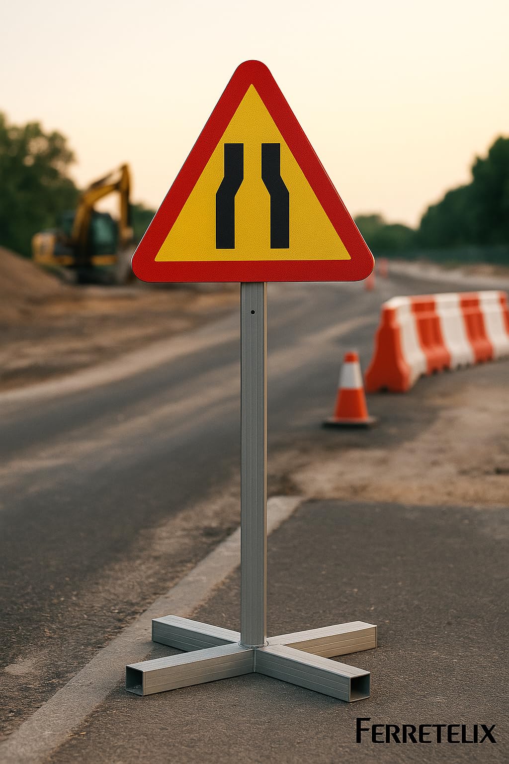 FERRETELIX® Señal Metálica Homologada MOPU TP-17 Estrechamiento de Calzada 60 cm N1 con Poste de 1,5 m y Cruceta