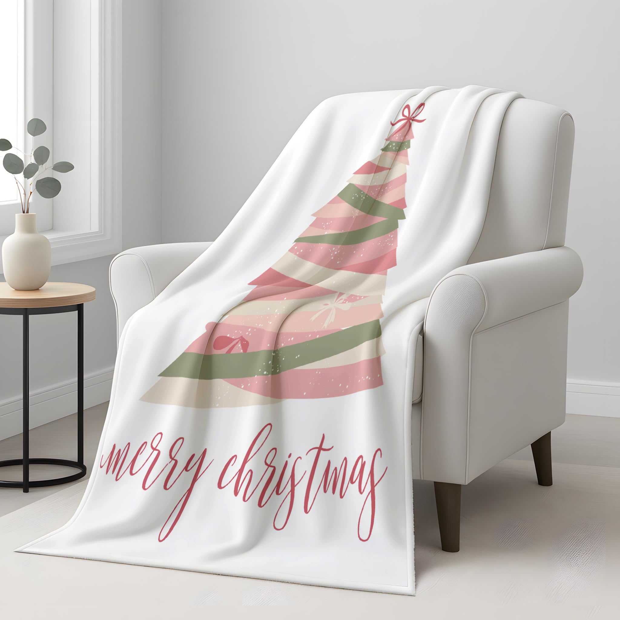 Generico Puszysty koc na sofę 220 x 270 cm, jasnoróżowy motyw choinki koc prezenty dla mamy taty chłopak dziewczyna rodzina wstążka kokarda koce do domu sofa łóżko pokój dziecięcy