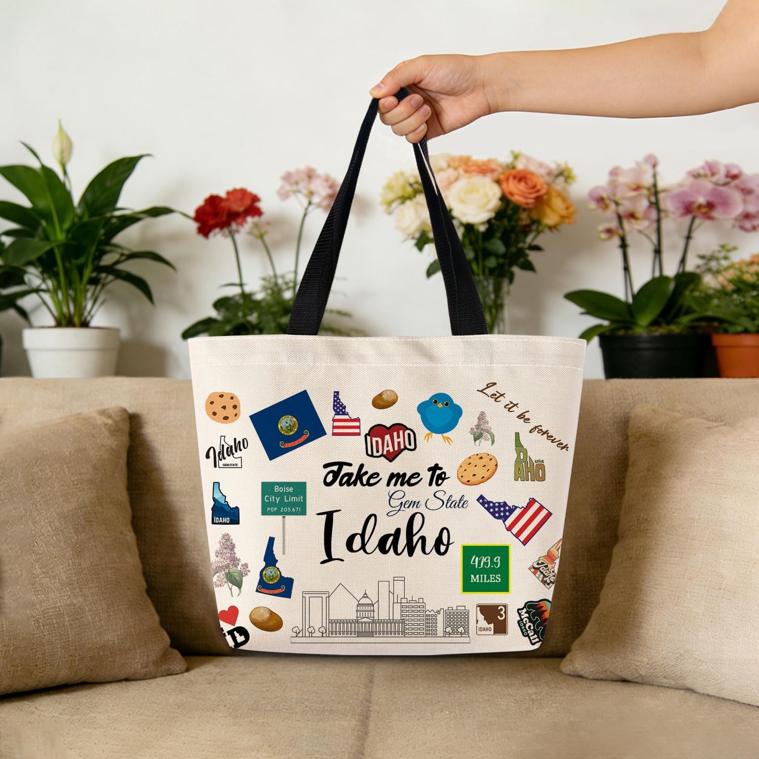 Take Me To Idaho Tote Bag Reusable Grocery Bags Aesthetic Shopping Shoulder Handbag with Interior Pocket Lightweight & Washable Stylish Idaho Travel Present for Women - Image 3