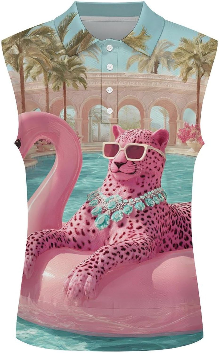 Leopard on Flamingo Float Women Sleeveless Collared Golf Polo Shirt | V Neck Tank Top,Breathable Tennis Shirts