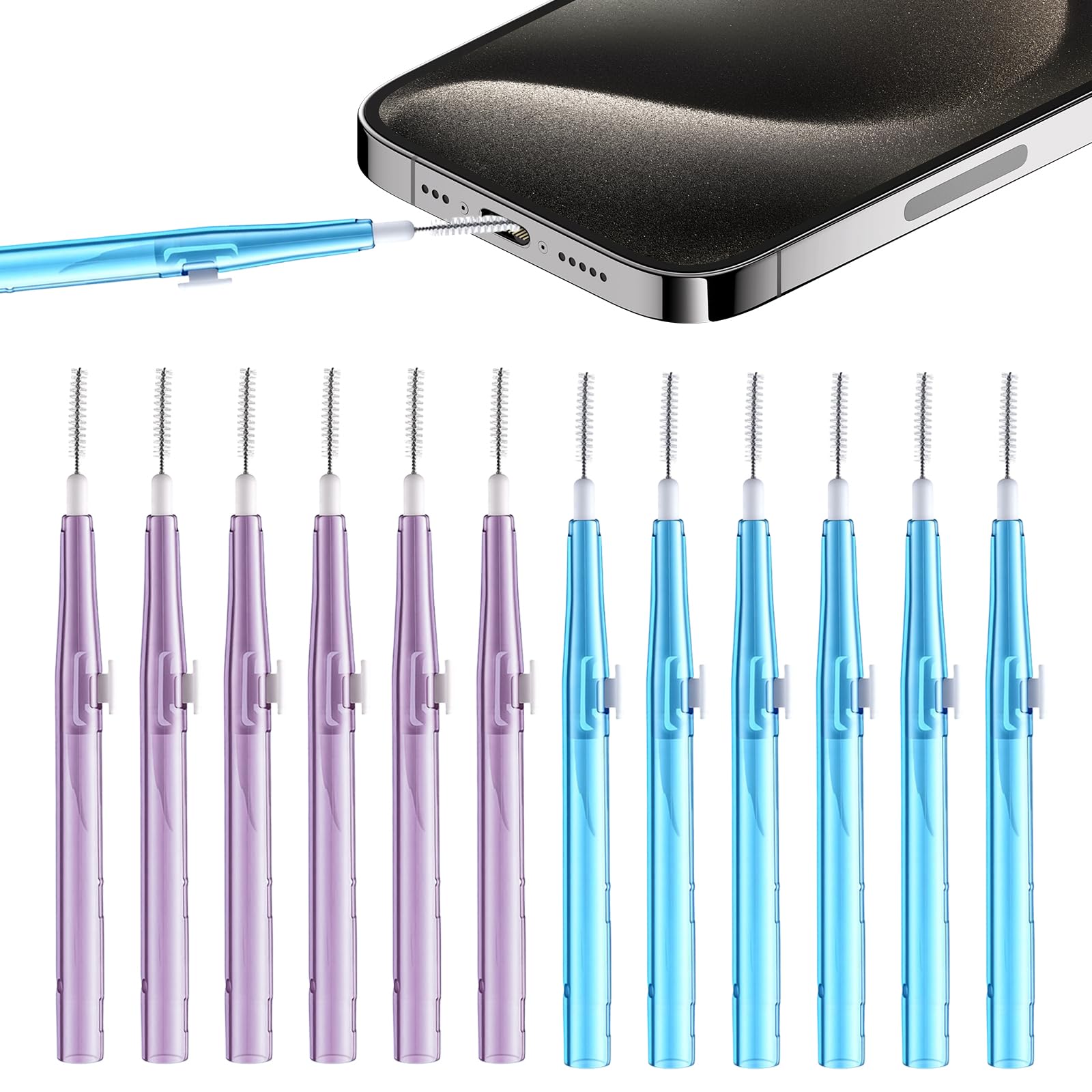 Gmhlles Blue, Purple 12 Pcs Charging Port Cleaning Kit, Double Headed Telescopic Cleaning Brushes, Multifunctional Usb C Port Cleaner For Phone Earbud Headphones (Purple & Blue)