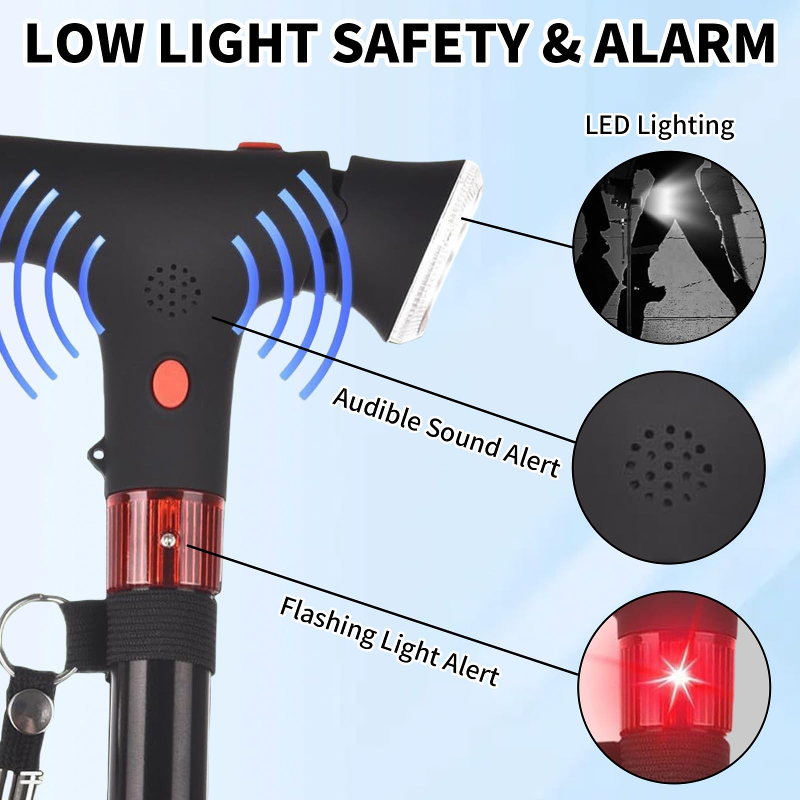 Canne de Marche Astuvita Canne de Marche Ergonomique avec LED et Alarme, Double Poignée & Base Autoportante, Aide à la Mobilité Senior, Pliable Réglable Légère