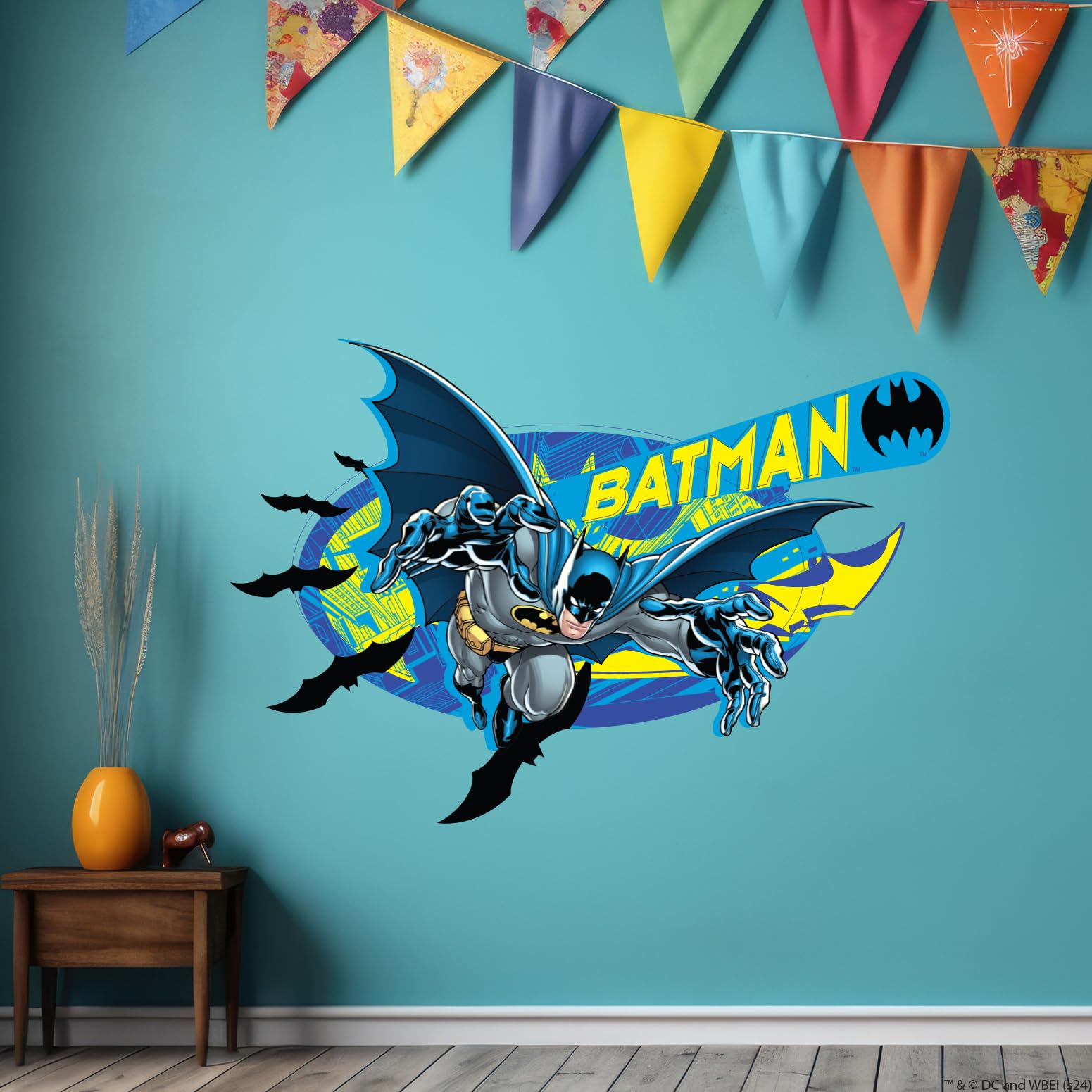 Batman™ Wall Sticker - Blue and Yellow Graphic Wall Decal DC Superhero Art (60cm Width x 40cm Height)