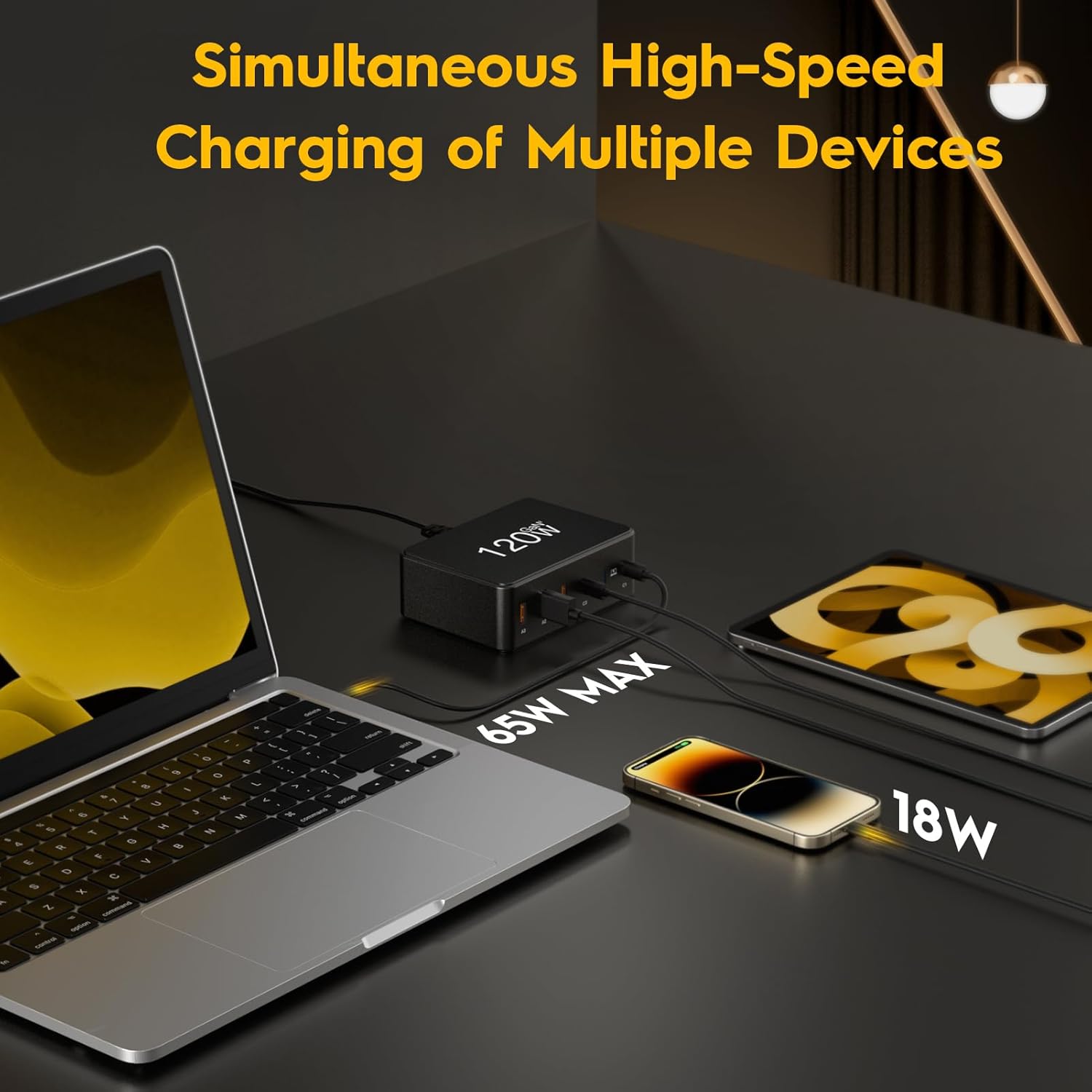 120W Caricatore USB C, CKFN 6 porte Caricatore USB Multiplo con 3 USB C e 3 USB A GaN Stazione di Ricarica veloce per MacBook Pro, Caricabatterie USB per i Phone i Pad Pro Samsung, Nero - Immagine 3