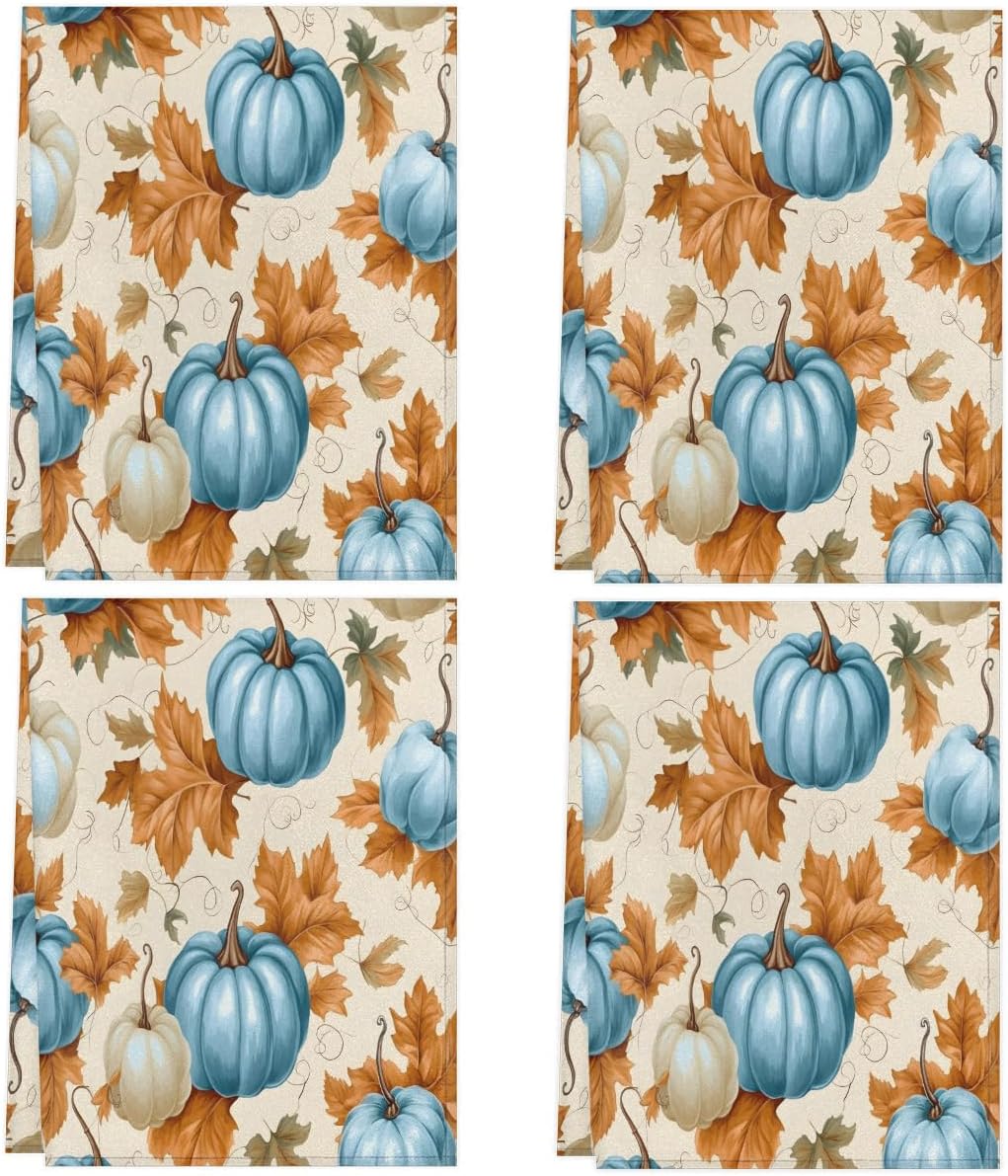 Blue Pumpkin Leaves Kitchen Towels Set of 4 Absorbent Drying Dish Towels, Tea Towels, Bar Towels, Decoration Hand Towels for Home Bathroom Restaurants Cleaning