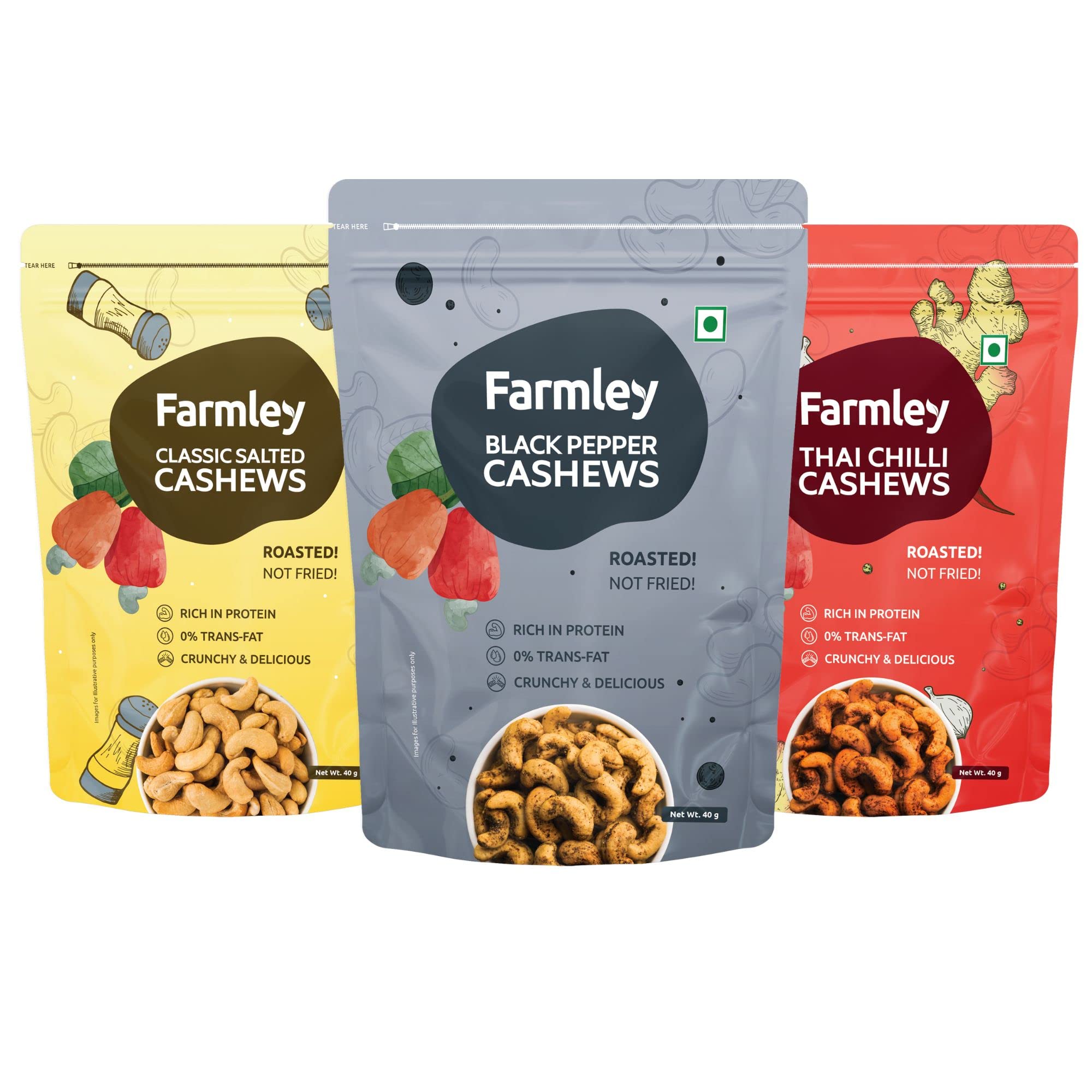 Farmley Black Pepper | Thai Chilli | Classic Salted | Roasted Cashews 120g | Rich in Protein | Crunchy & Delicious | 3 x 40g (B0C43QNN5P) Amazon Price History, Amazon Price Tracker