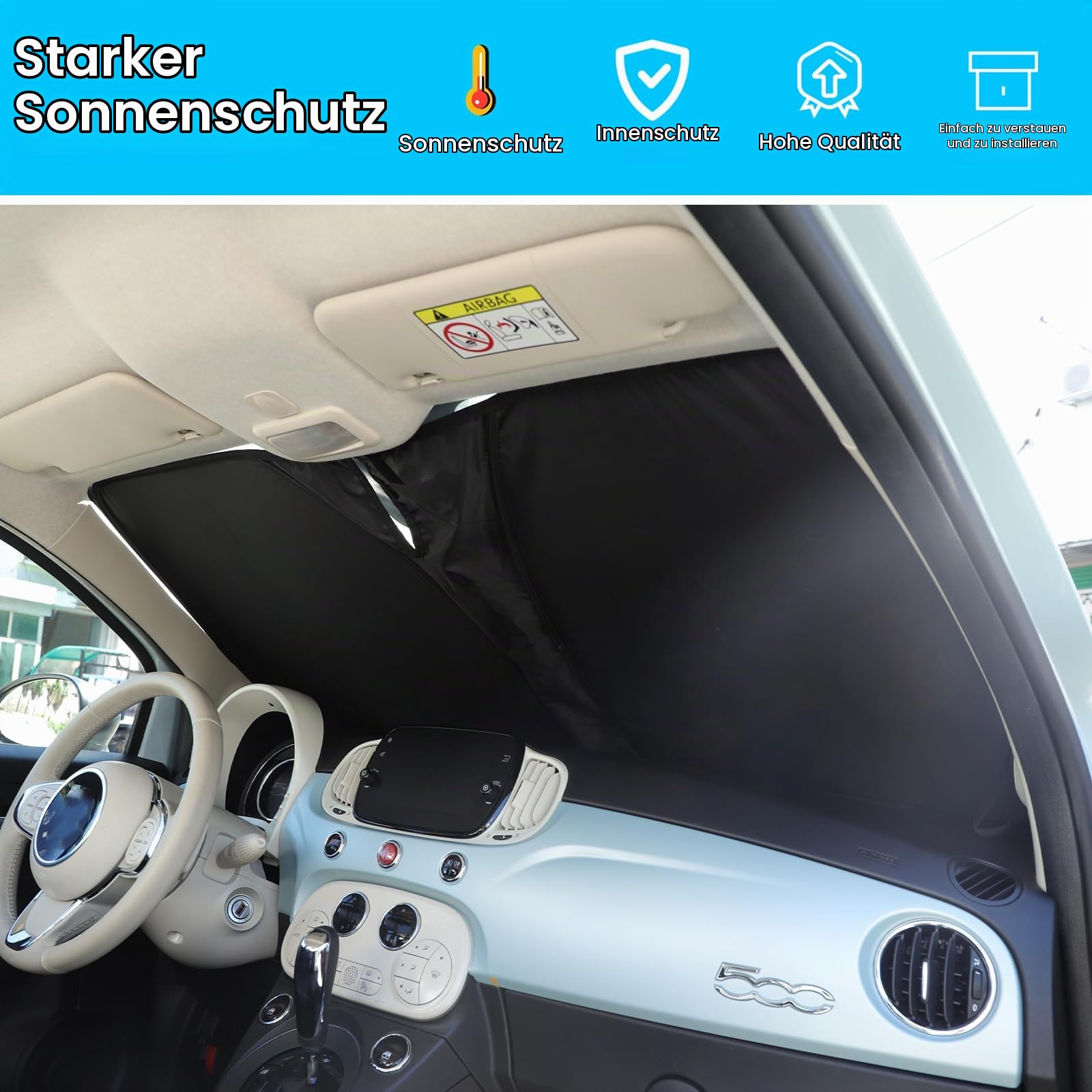 Lustige Auto-Sonnenblende mit Cartoon-Augen-Muster Geeignet für FIAT 500 2010-2026, Auto Frontscheibe Keep Vehicle Cool für FIAT 500 Zubehör