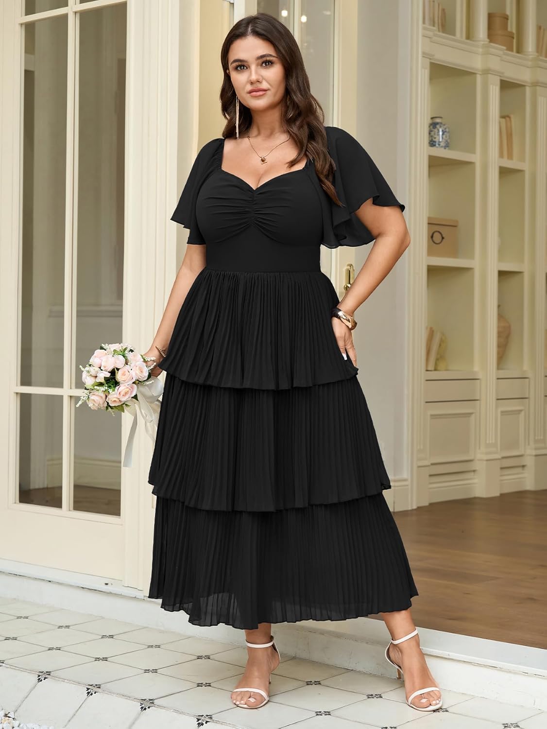 SCOMCHIC Women's Plus Size Formal Wedding Guest Evening Party Dress Short Sleeve Pleated Tiered Chiffon Bridesmaid Dresses - Image 3