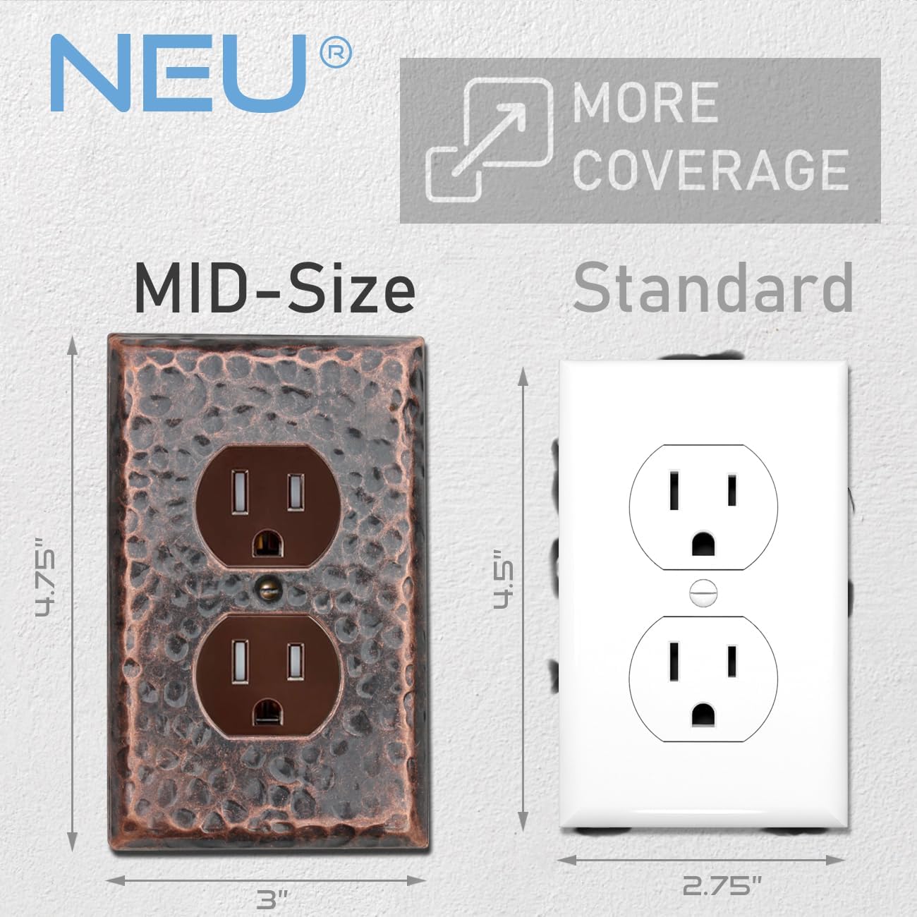 [5 Pack] Hammered Copper 1-Gang Duplex Receptacle Outlet Switch Cover Mid-Size Wall Plate, 3" x 4.75"