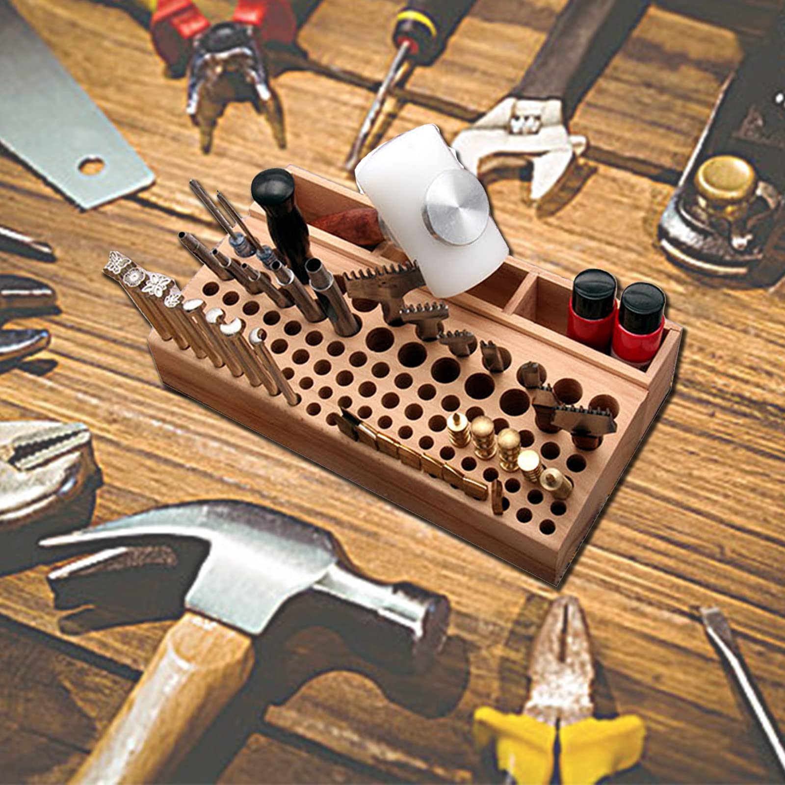 Professional Leather Craft Tool Holder, 98 Holes Wooden Leathercraft Tool Stand Organizer with 3 Slots, Large Tool Rack Storage Professional Leather Craft Tool Holder, 98 Holes Wooden Leathercraft Tool Stand Organizer with 3 Slots, Large Tool Rack Storage