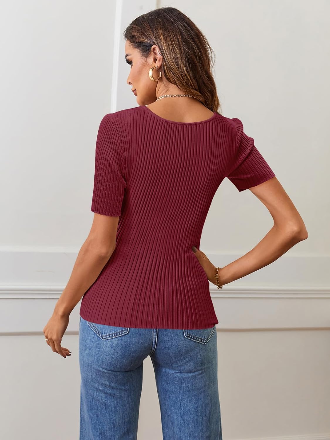 MEROKEETY Women's Summer Ribbed T Shirts 2026 Square Neck Short Sleeve Slim Fit Knit Tee Tops Dressy Casual Trendy Clothes - Image 4