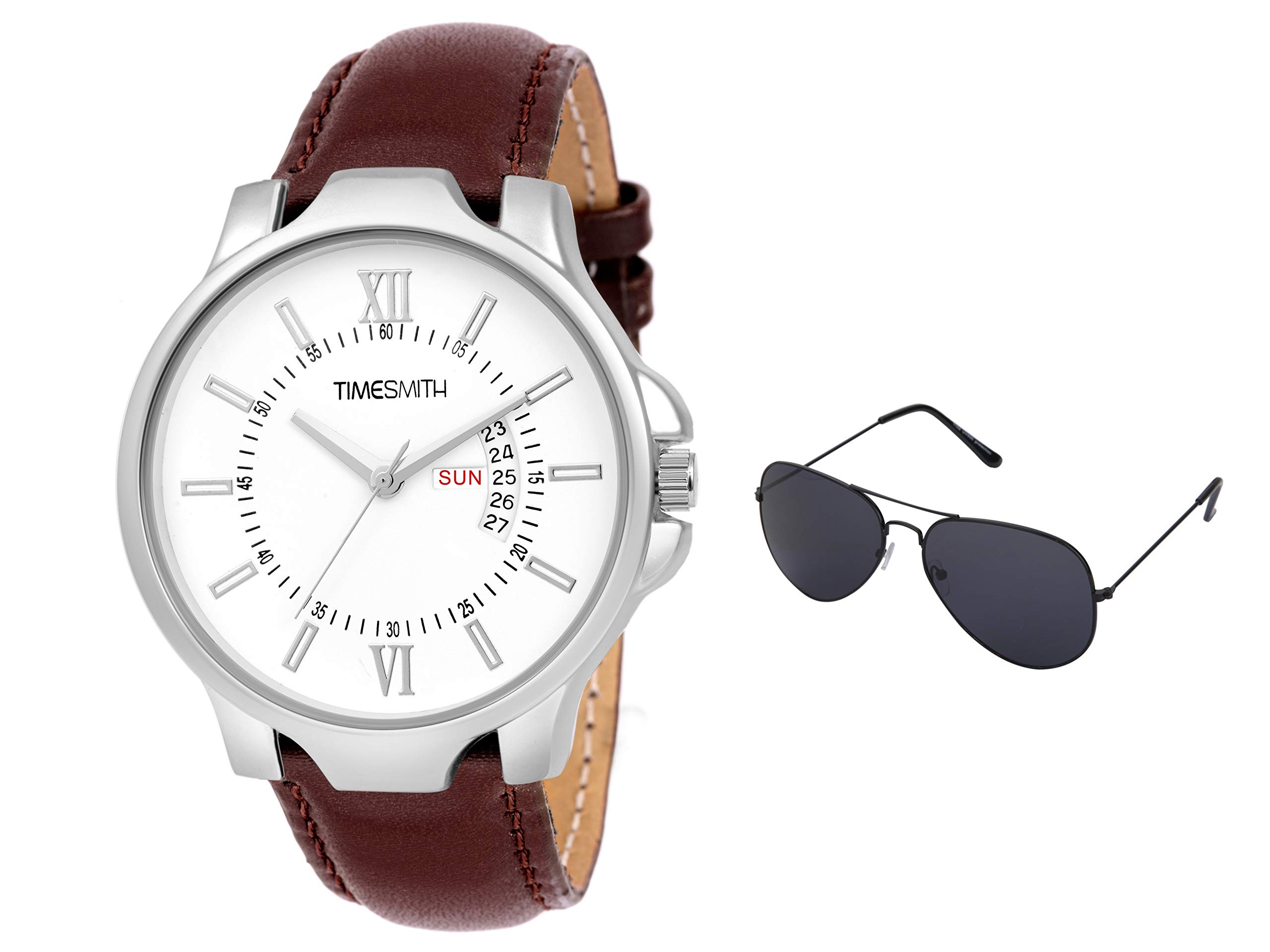 TIMESMITH Analog White Dial Brown Leather Watch with Free Sunglasses Gift Combo Set for Men TSC-072-WMG-002
