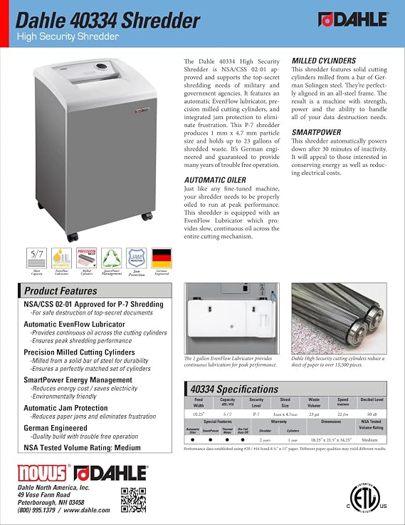 Dahle 40334 Paper Shredder, P-7 Super Micro Cut, NSA/CSS 02-01 For Top-Secret Documents, German Engineered, Jam Protection, Auto Oiler, 5 Sheet Max