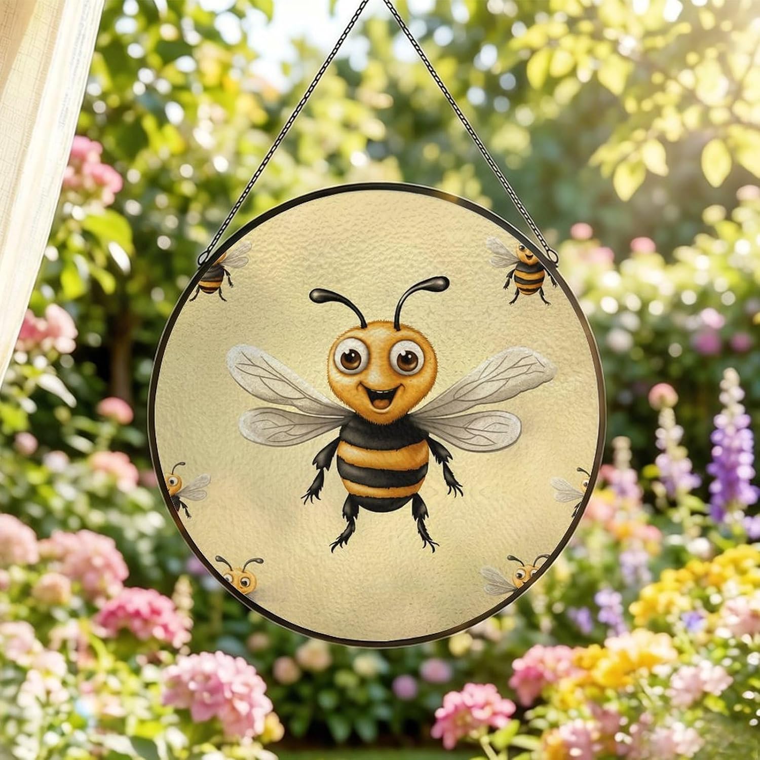 30x30cm Round Stained Glass Suncatcher for Window Hanging Decor with Chain