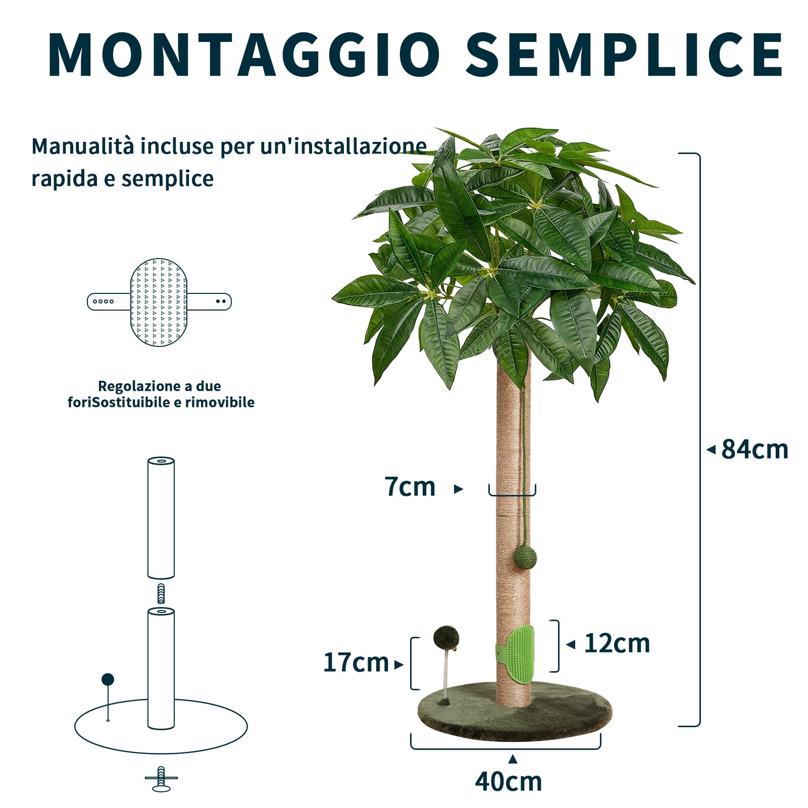 Meowoou Tiragraffi per Gatti, 84 cm Graffiatoio per Gatti da Interni Adulti e Grandi, Tiragraffi Alto con Corda in Sisal, Simpatico Albero Tiragraffi con Pallina Pendente