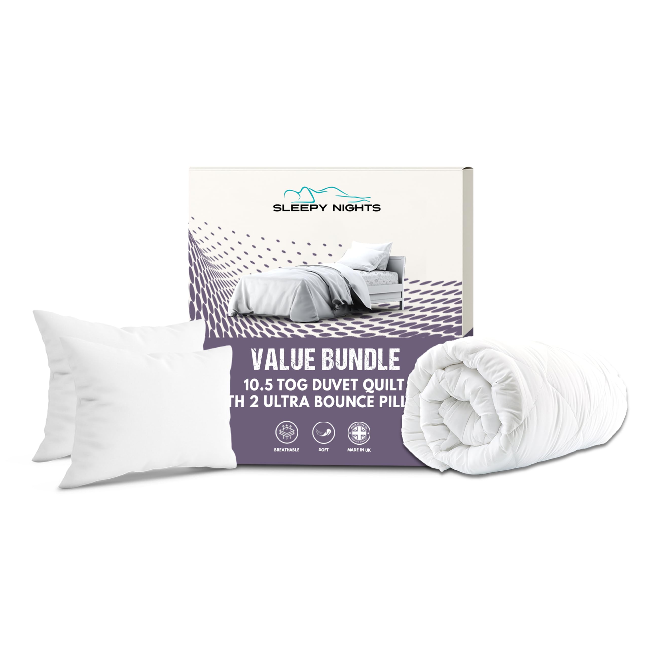 SleepyNights Double Duvet 10.5 Tog Poly Cotton Quilt with 2 Ultra Bounce Pillows – Luxury All Seasons Anti-Allergy Bedding Set, Sustainable Hollowfibre Filling, Machine Washable - (200x200cm)