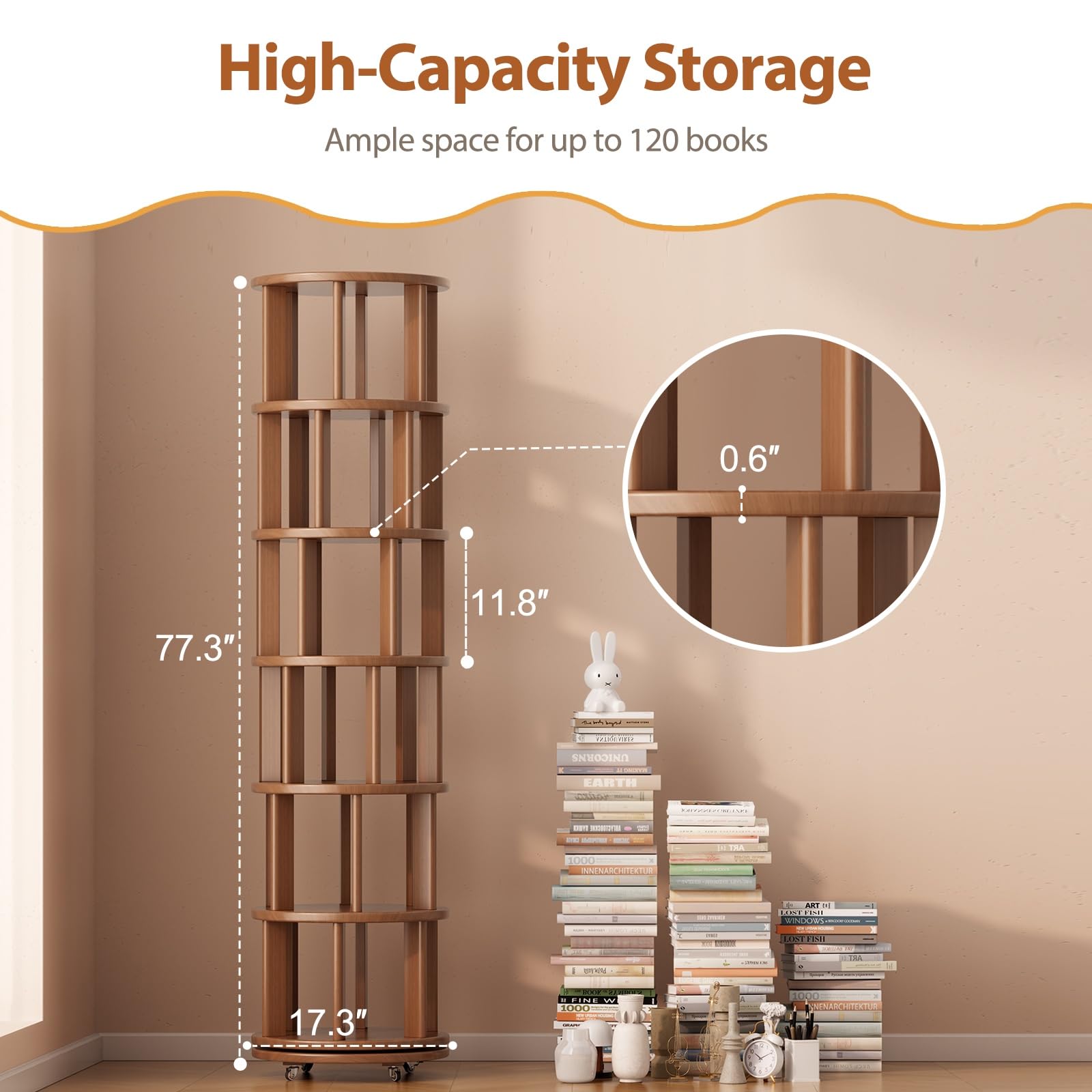 INTEXCA Libreria Girevole A 6 Ripiani In Legno Massello - Girevole 360° Impilabile - Beige 191x46x46 Cm
