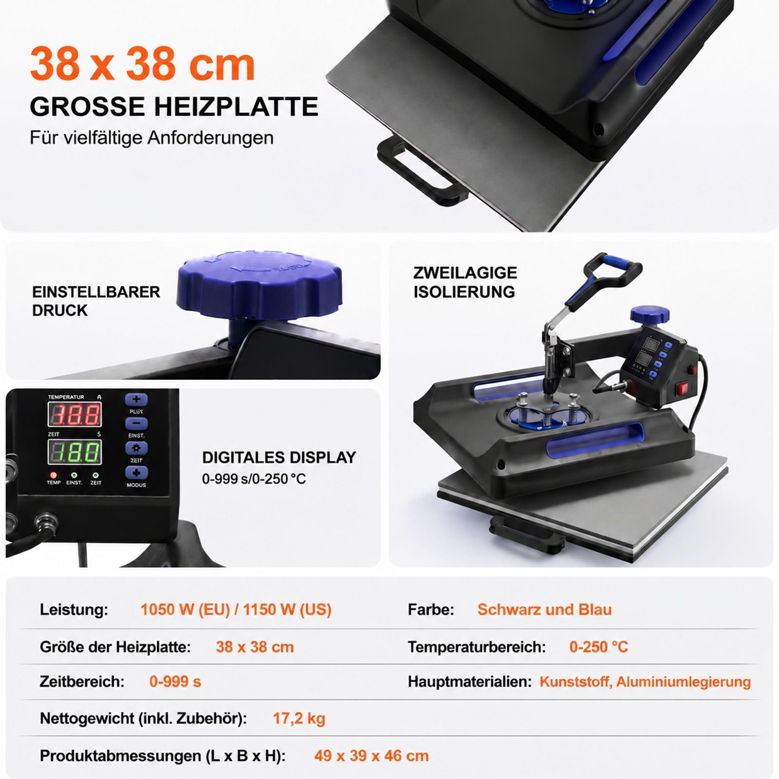 Hitzepresse 5 in 1, Schwarz Blau, Kunststoff und Aluminiumlegierung, für T-Shirts, Tassen, Hüte, Teller