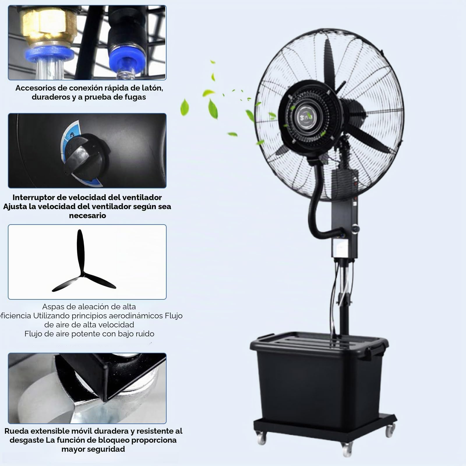 Ventilador Nebulizador de Pie con Depósito de 42L, Ventilador Enfriador con Tanque de Agua, 3 Velocidades, Regulable en Altura, Apto para Jardín, Terraza, Bares y Restaurantes.