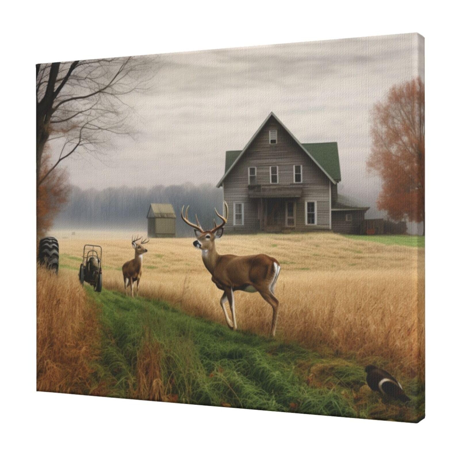 YKLJG Farm with deer Printed Wall Art Canvas Prints 60x50 CM Wooden Framed Picture Painting Artwork for Bedroom Kitchen Home Office Decor