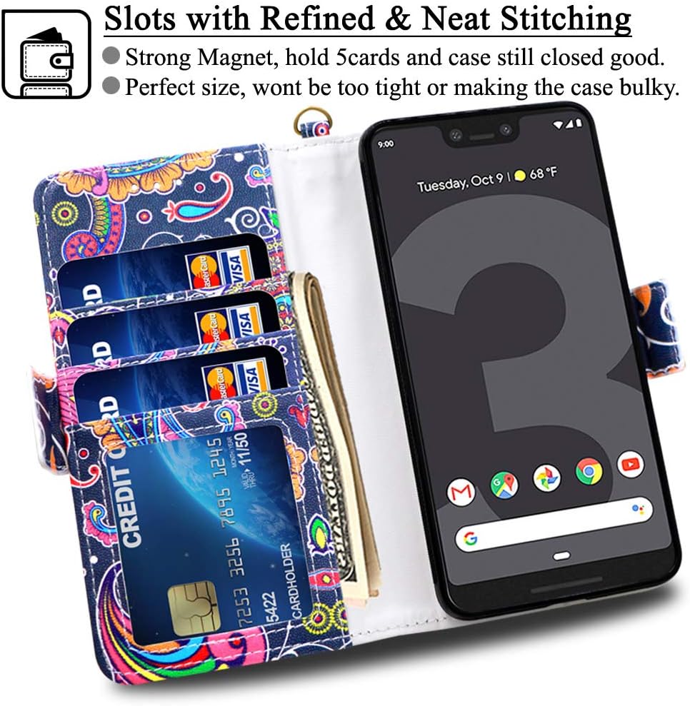 Mefon Google Pixel 3 XL Case Wallet Leather Detachable, with Tempered Glass and Wrist Strap, Enhanced Magnetic Closure, Card Slot, Kickstand, Durable Flip Folio Cases for Pixel 3 XL (Paisley 1)
