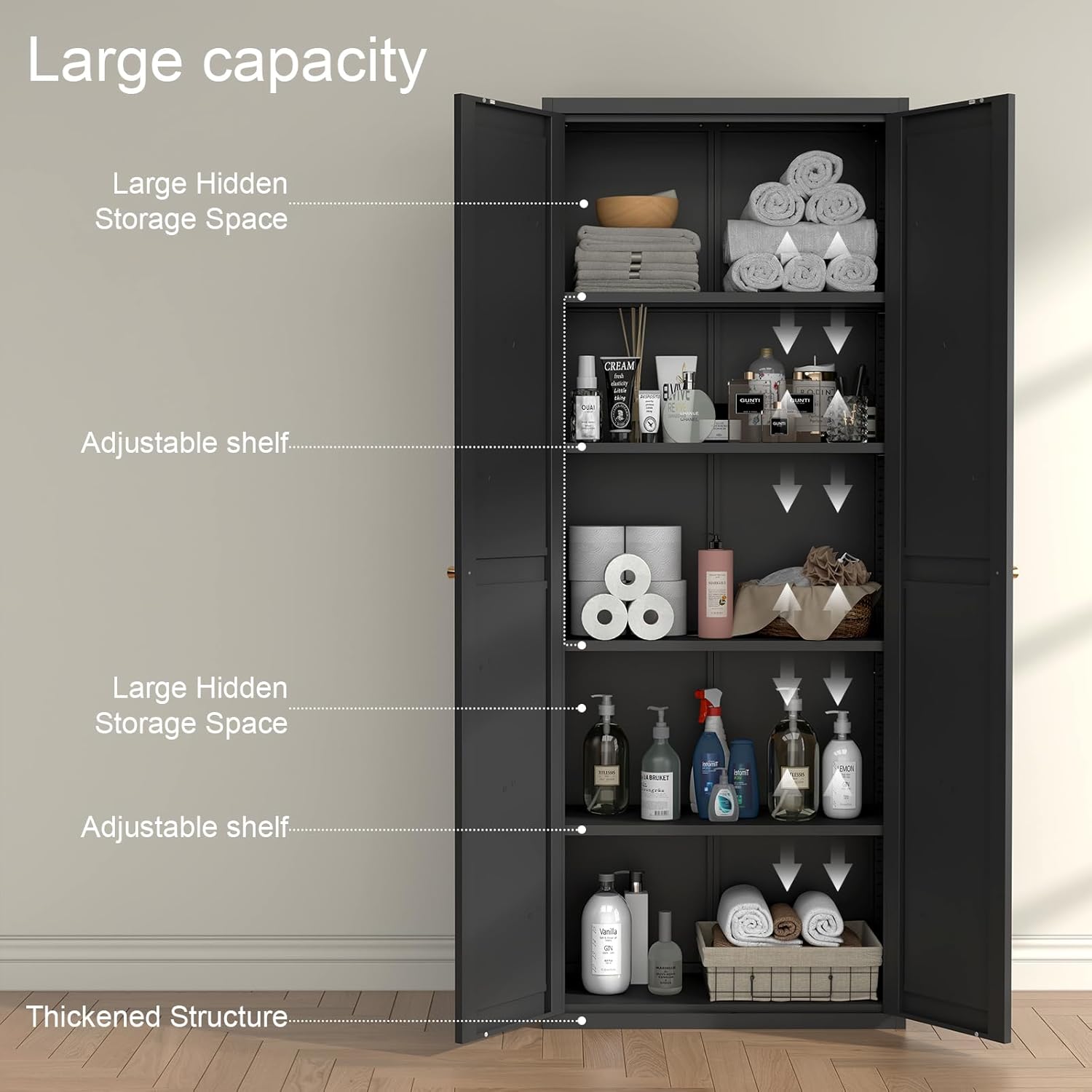 Pantry Cabinet,Tall Kitchen Pantry Storage Cabinet with 2 Doors,Kitchen Cabinet Storage with 4 Adjustable Shelves for Living Room,Dining Room,Black