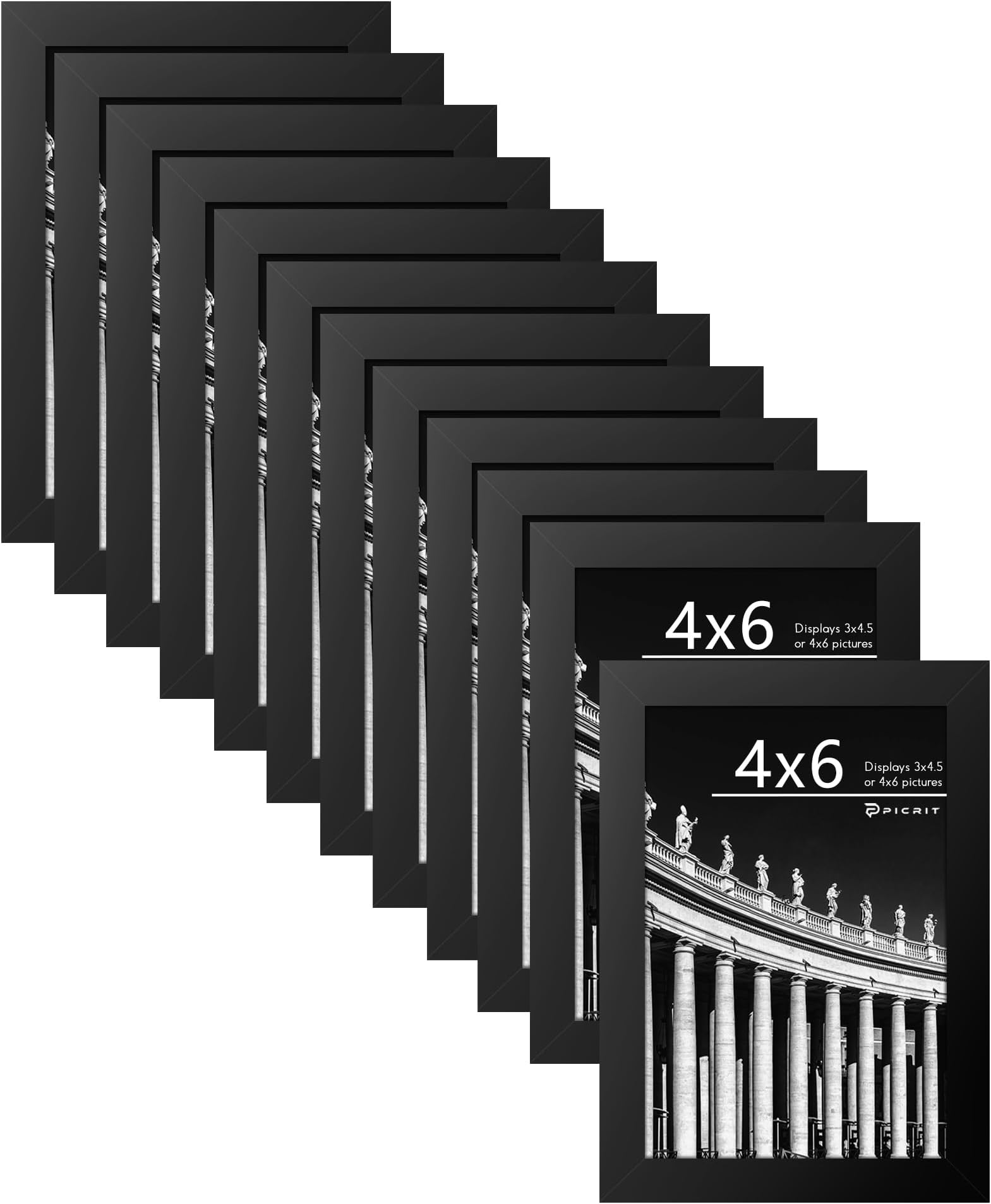 Picrit 4x6 Picture Frame Set of 12, Display 3.5x5 with Mat or 4x6 without Mat, Photo Frames for Wall Mounting or Table Top Display, Black