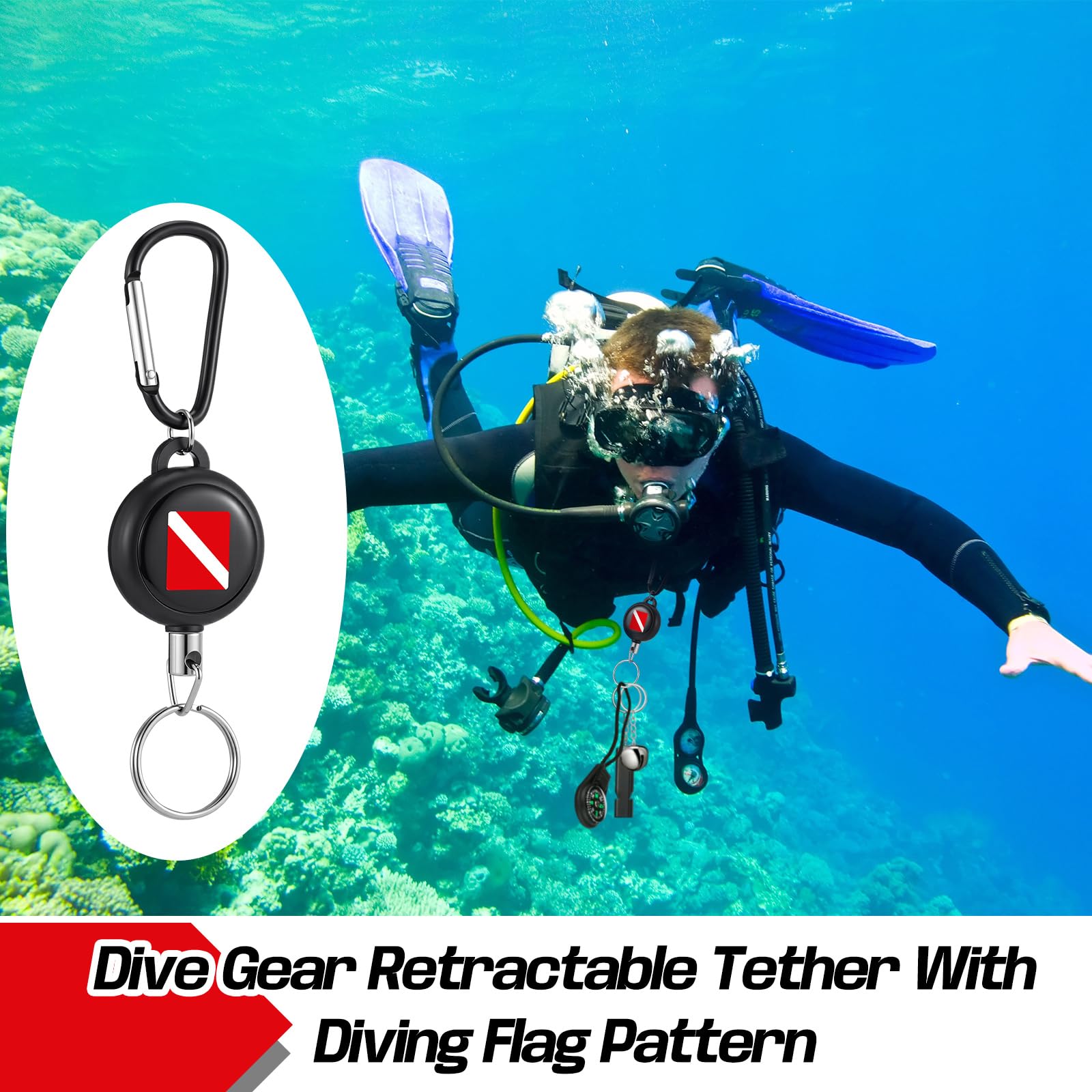 Liliaafar 12 clips retráctiles para equipo de buceo, llavero de acero inoxidable resistente con cable de extensión de liberación rápida de 61 cm para medidores de buceo, pesca submarina, linternas de