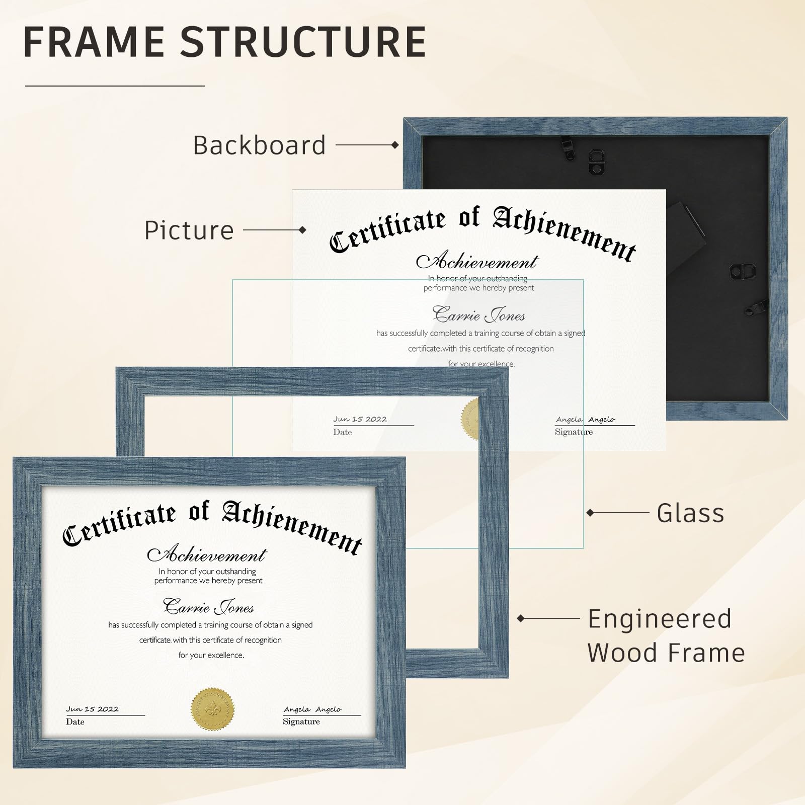 Frametory, Cadre photo en verre véritable de 21,6 x 27,9 cm – Avec crochets arrière pour affichage mural, chevalet pour table, pour certificats, documents, récompenses, remerciements, large moulage