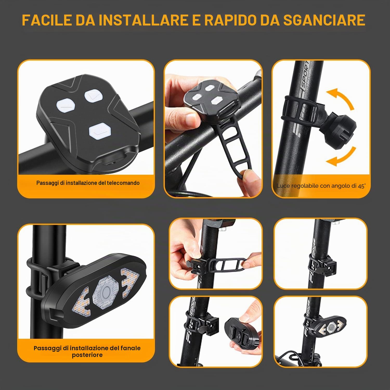 Luce Bici Super Luminosa LED Indicatore Direzione Lampada Telecomando Fanalini posteriori per bicicletta USB Ricaricabile Fanale Posteriore Per All Ciclismo Sicurezza Avvertimento Luci e riflettori