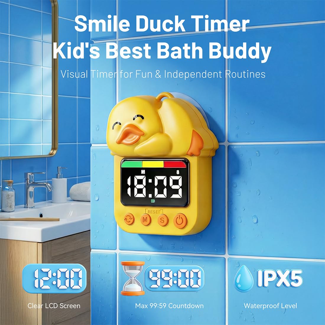 Yellow Duck - Temporizador visual impermeable para ducha, temporizador digital para baño/cocina para montaje en pared, estudio, natación