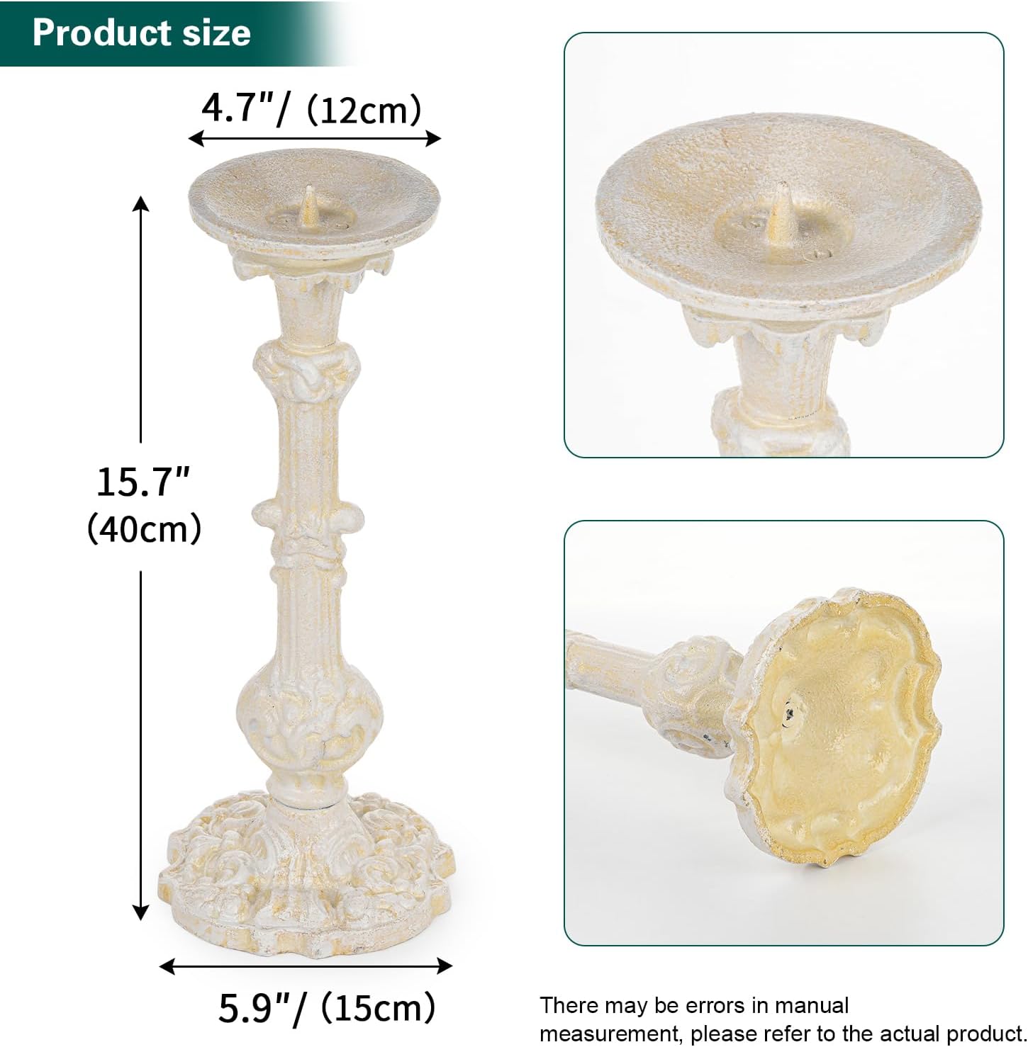Sungmor Vintage Cast Iron Candlestick Holder,15.7 Inch Tall Distressed White Ornate Pillar Candle Holder,Rustic Decorative Candle Stand for Home,Farmhouse,Table Centerpiece Decor