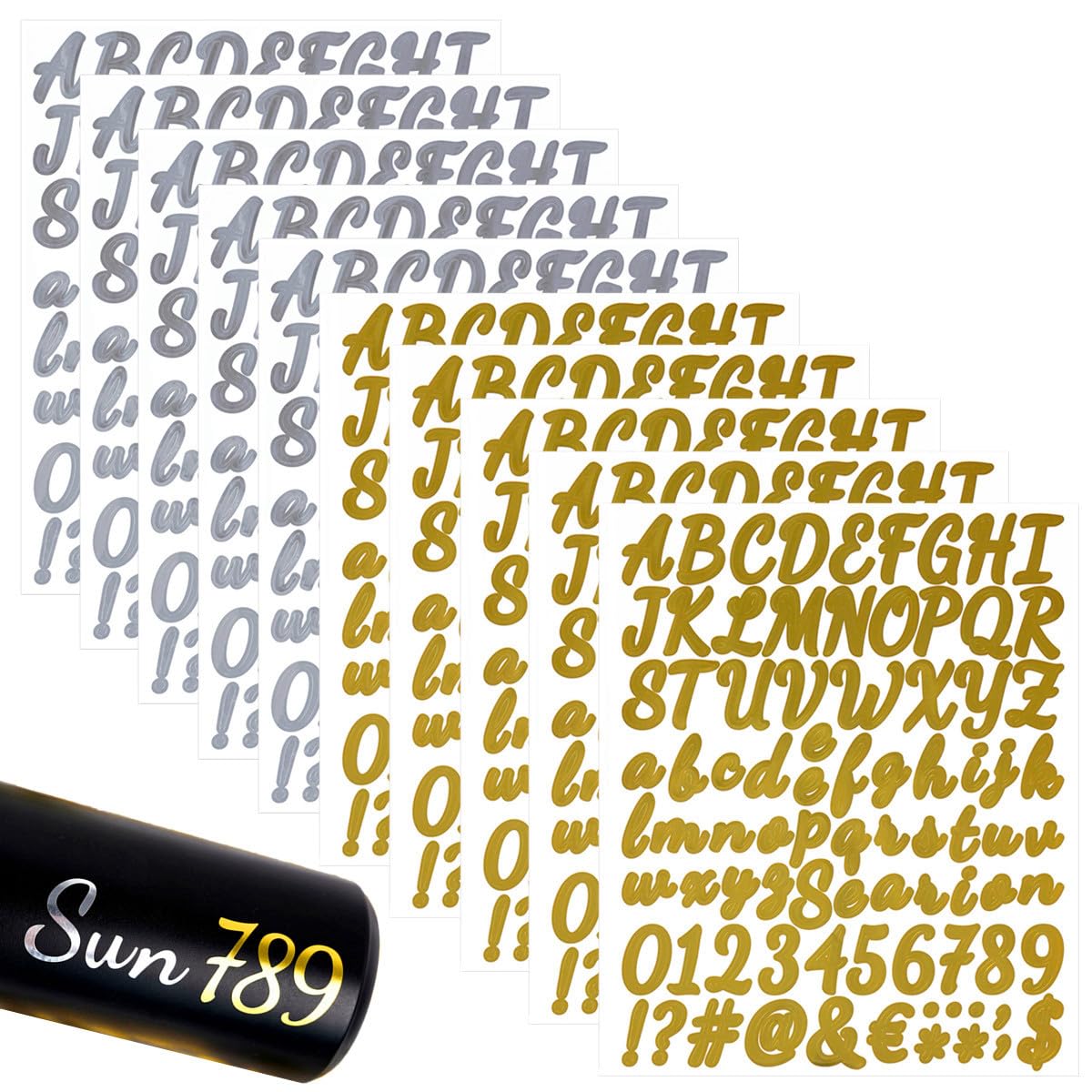 Ruichy Gold/Silver 840 Pieces Handwriting Letter Number Stickers, 10 Sheets 1 Inch Self Adhesive Shining Alphabet Numbers Symbol Sticker Waterproof Vinyl Decals For Cards Scrapbook Mailbox Crafts ( & Silver)