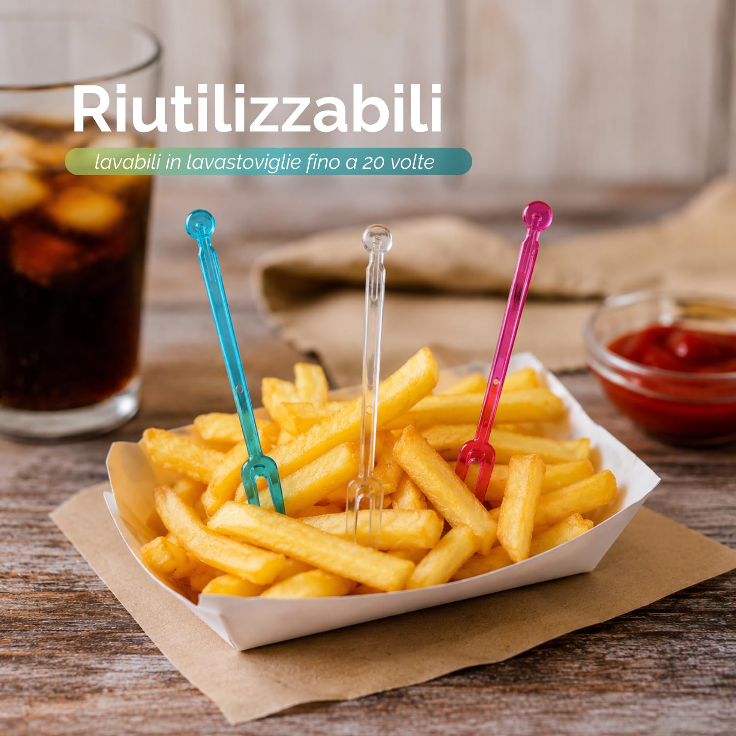 Paluplus 3000 Forchettine a 2 punte RIUTILIZZABILI, lunghezza 8,5 cm, forchette da Aperitivo per alimenti, Finger Food, Stuzzichini, colori misti Trasparente, Lilla e Celeste -NFC
