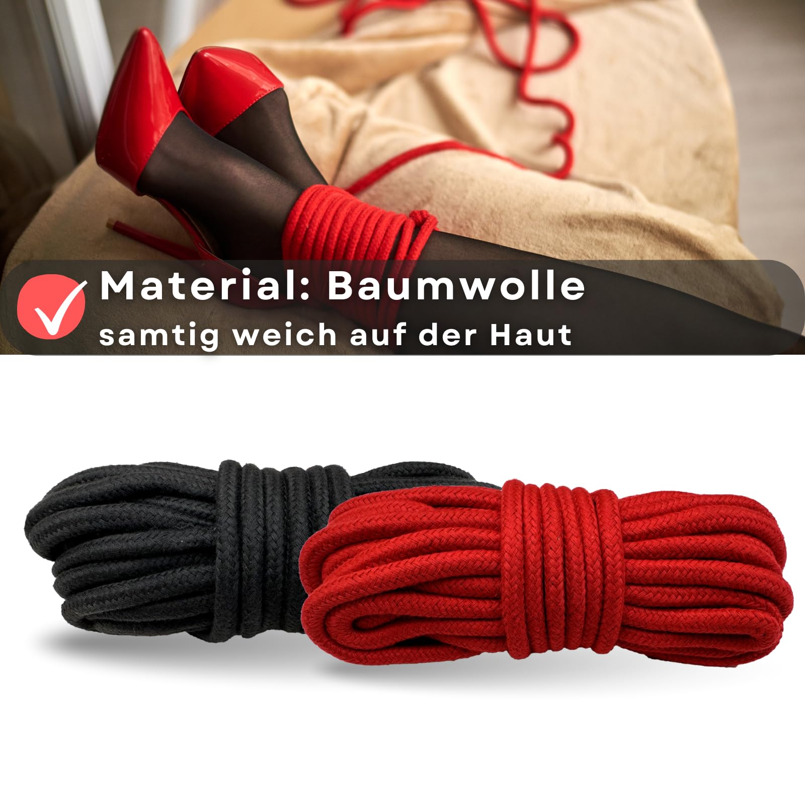 Set di corde per bondage 2 x 5m in nero in cotone, morbide ed elastiche - Lovelyness