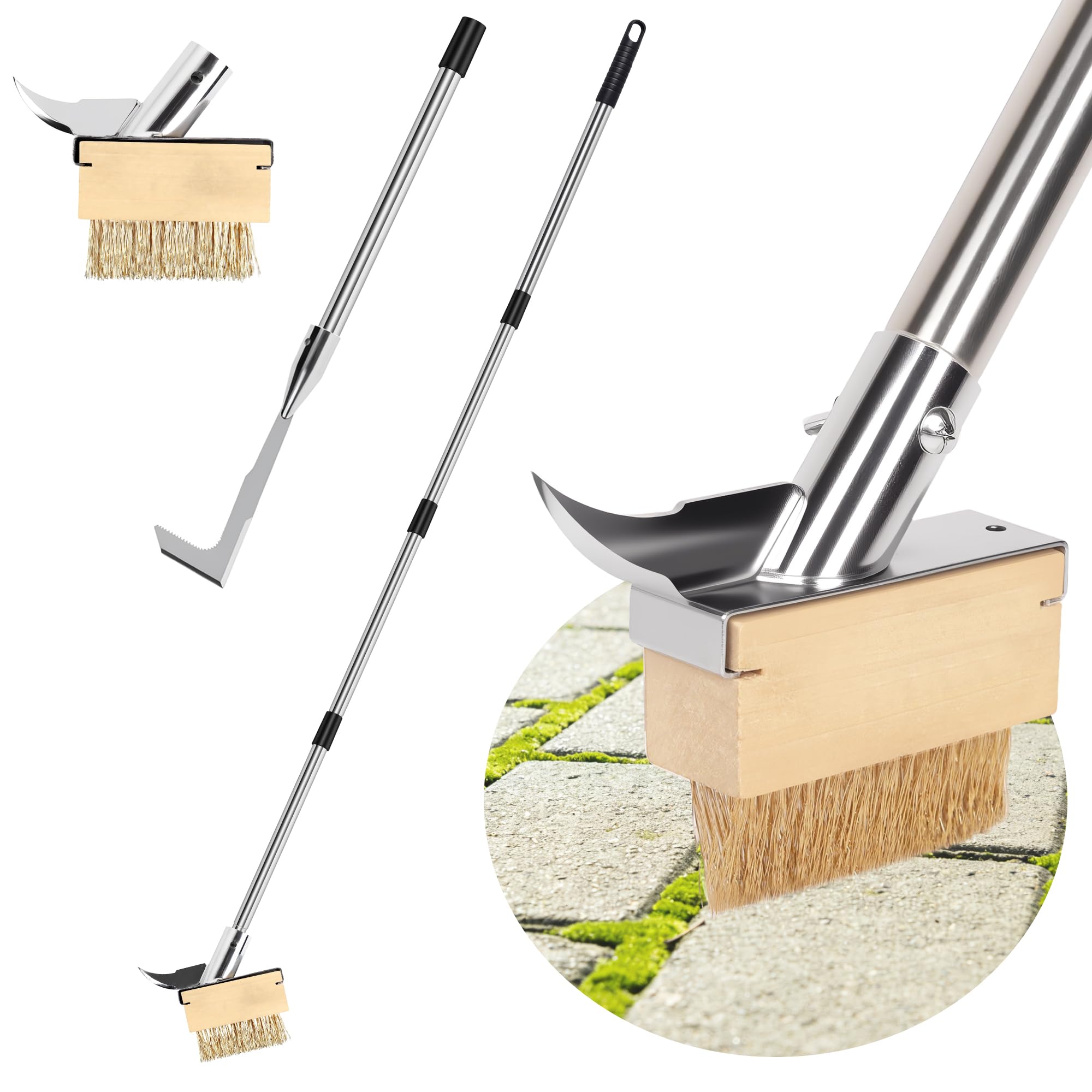 Bolibo Patio Weed Remover Tool with Long Handle, 59'' Garden Weeding Moss Removal Tools with Weed Scraper and Wire Brush, Block Paving Brush Weeding Tool for Garden Patio Driveway(2 Heads)