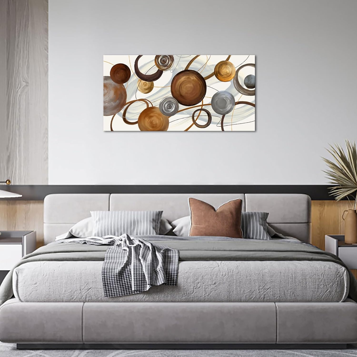 VANSEEING Abstract Wall Art for Living Room Canvas Prints Brown White Grey Geometric Circle Painting Modern Artwork Wall Decor for Office Bedroom Decoration 20" x 40"