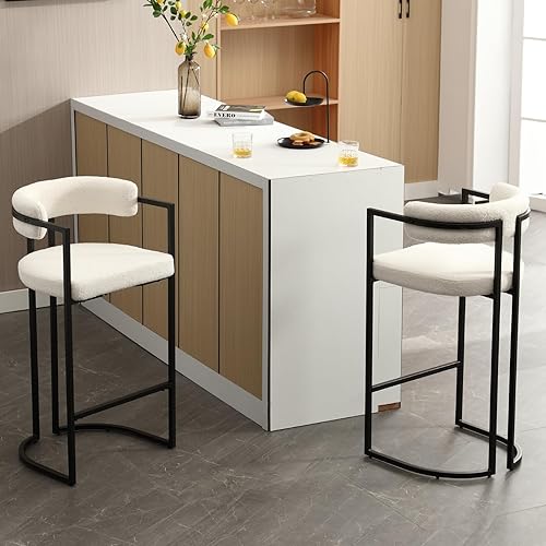 Miniatura 5 de 30Inch Sherpa Bar Stools Set of 2, Modern White Barrel Bar Stools with Comfy Back, Upholstered High Dining Chairs with Black Leg Boucle Kitchen Bar