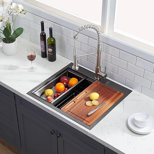 Vista 38 de Fregadero de cocina negro de 21 x 20 pulgadas, fregadero de barra descendente, fregaderos cuadrados de acero inoxidable para estación de trabajo