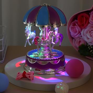 NUOBESTY Carousel Music Box Tabletop Carousel Music Box with 3 Rotating Horses Led Light Luminous Merry-Go-Round Figurine 6.10 X 4.13 X 4.13 in for Home Birthday Wedding Valentine S Day Gift