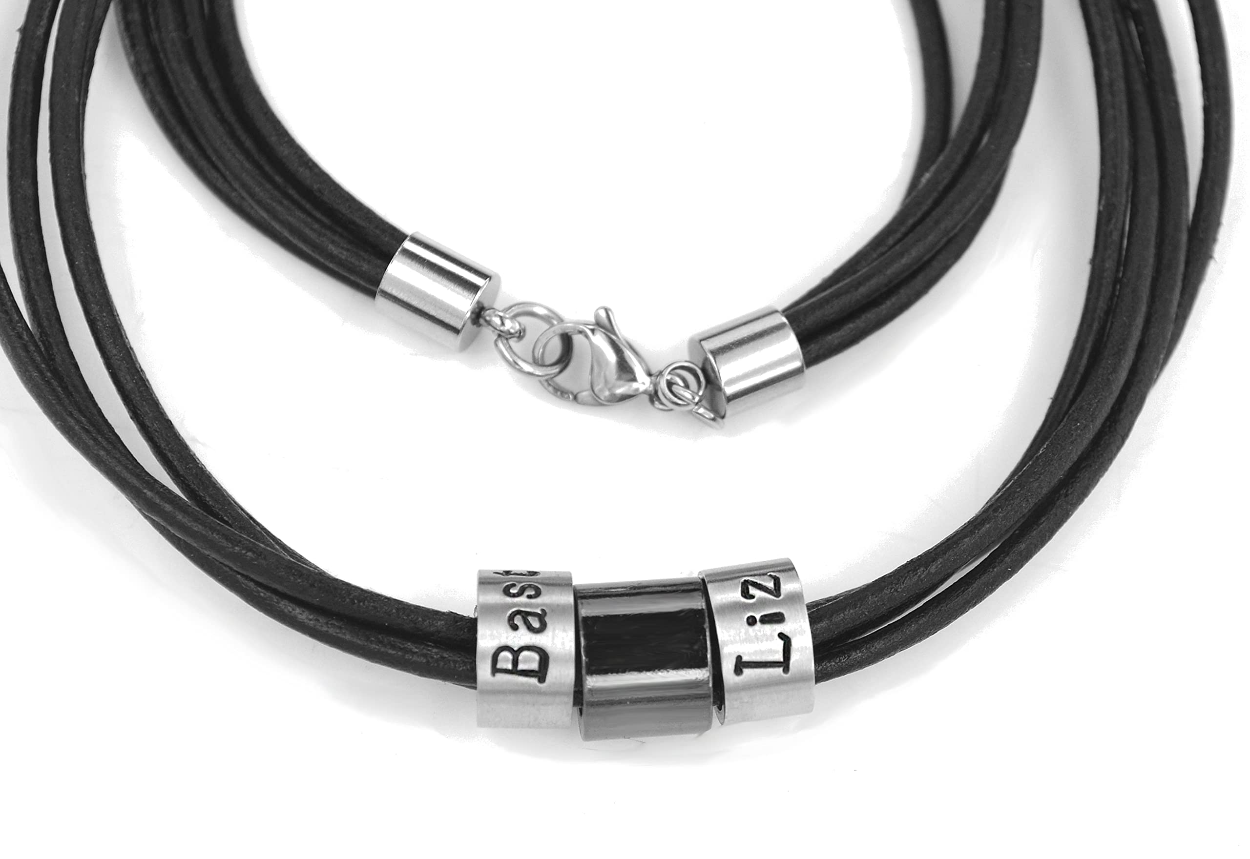 Personalisierte Handmade Kette für Herren Beads mit Gravur, schwarze Lederkette