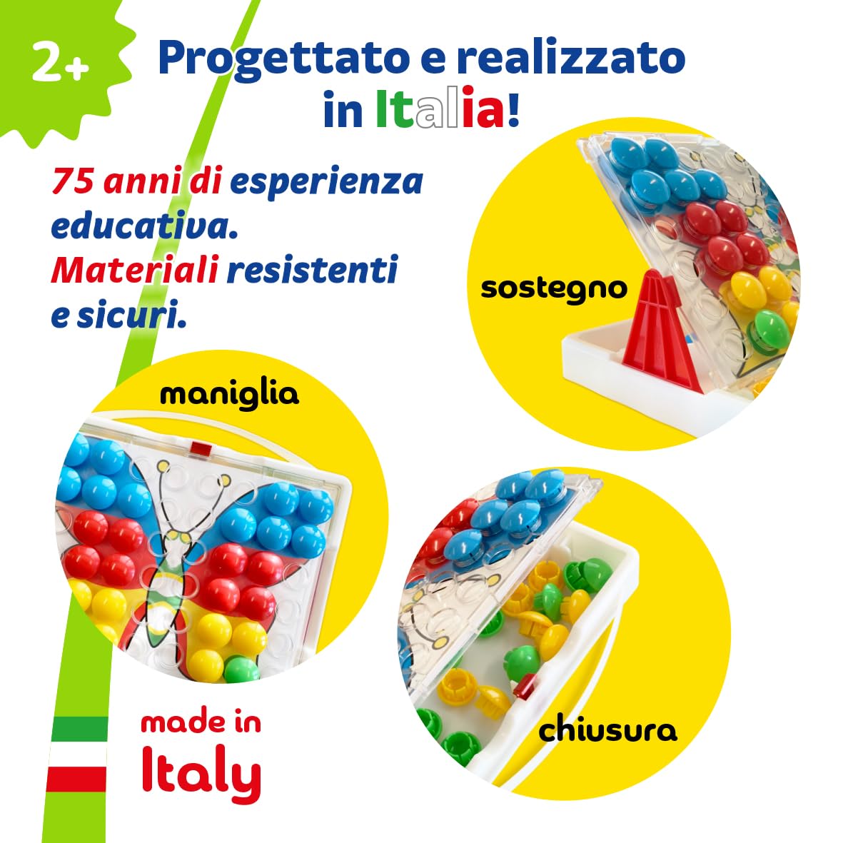 Quercetti Fantacolor Junior,Gioco Educativo Mosaico Bambini 3D con Bottoni Colorati per Bambini Giochi Bambini 2 Anni con Valigetta Portatile 48 Bottoni e 16 Schede Regalo Bimba 2 Anni Made in Italy