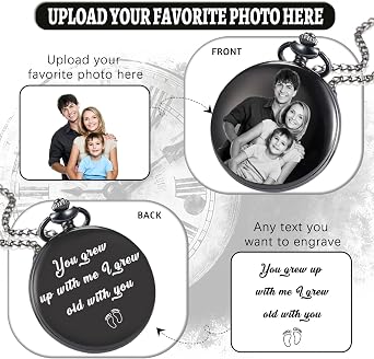 Personalized Engraved Pocket Watch Custom Text Photo Pocketwatch with Chain Retro Style Pocket Watches Gift for Grandpa Husband Son Dad Best Men